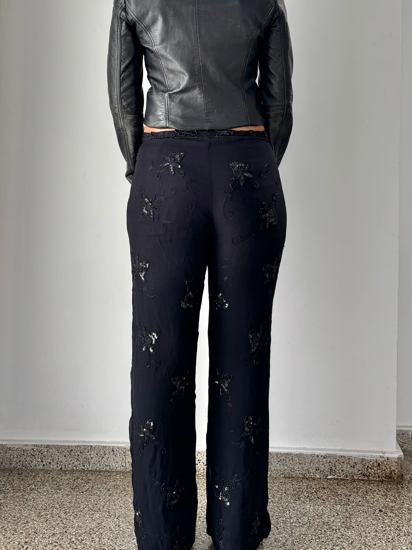 Black wide leg pants with embroidery