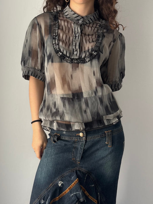 Grey mesh button up blouse