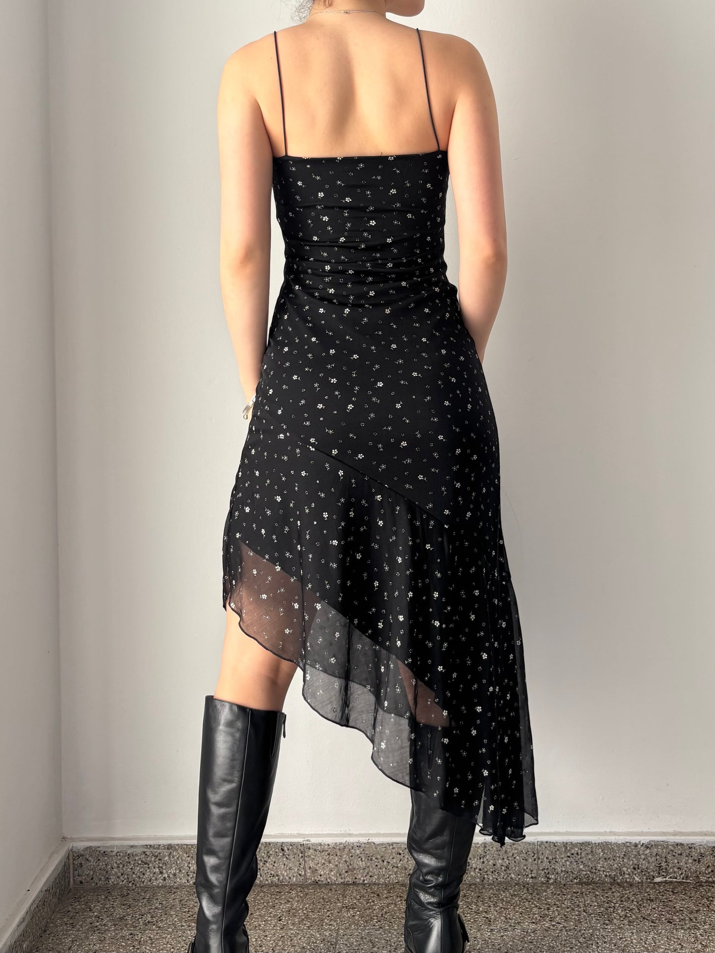 Black asymmetrical floral dress