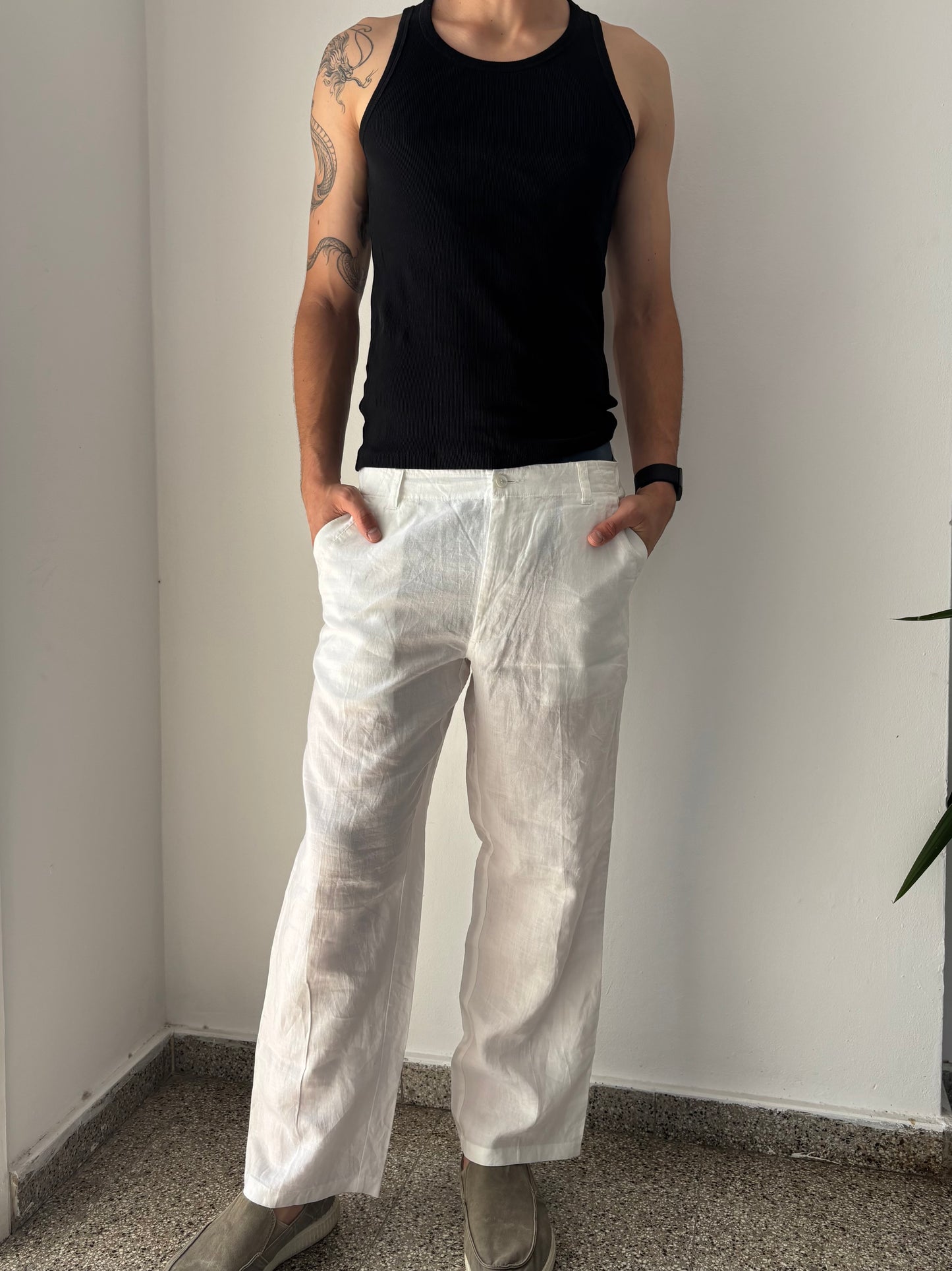 White baggy linen pants