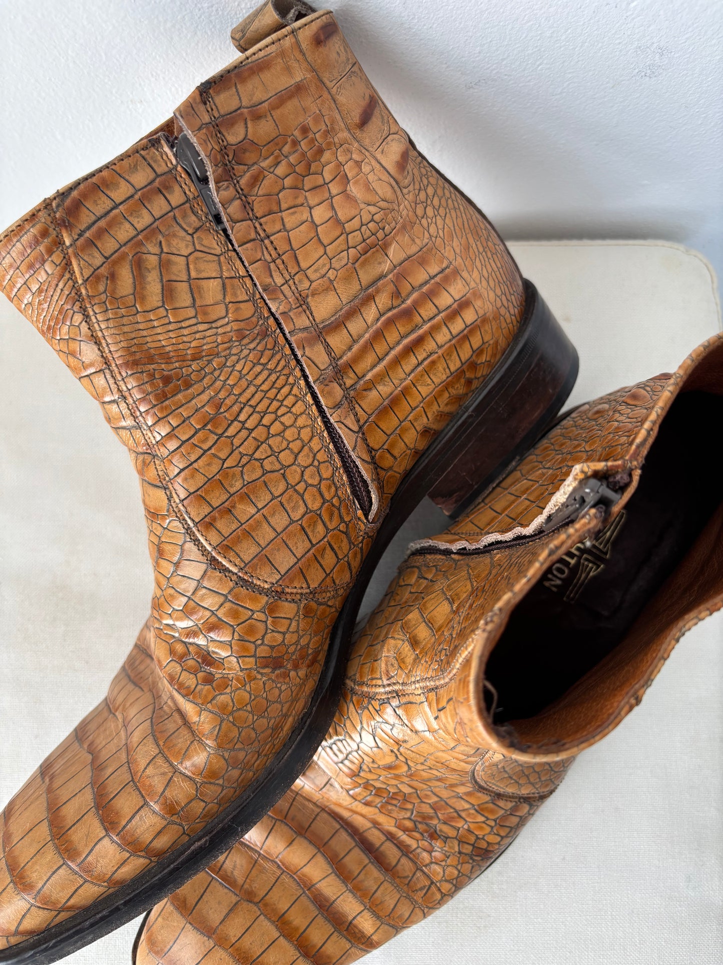Brown croc leather boots