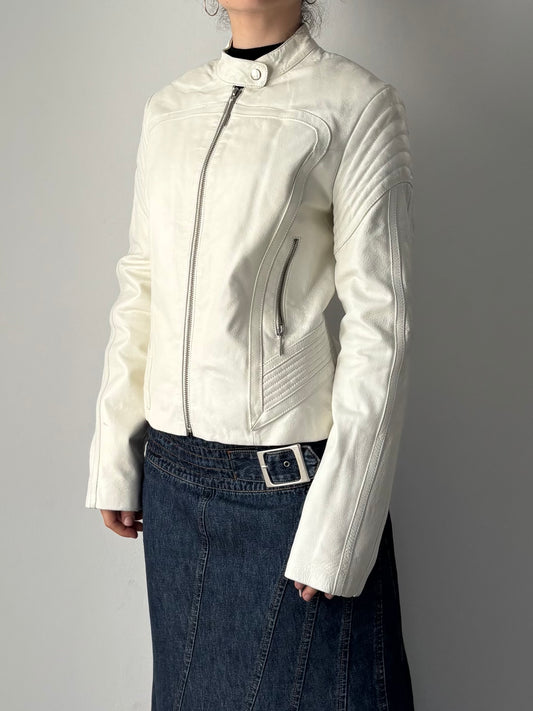 BSB white leather biker jacket
