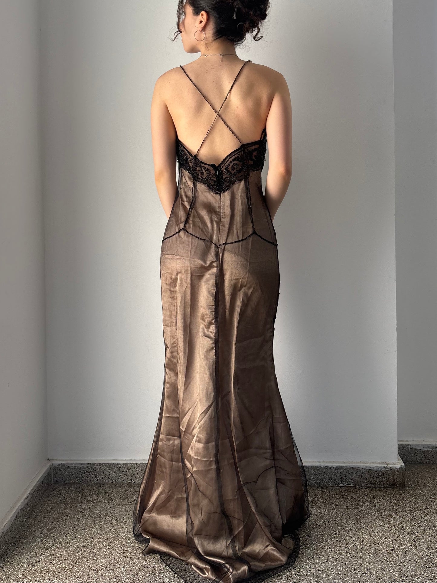 Vintage tan & black beaded formal dress