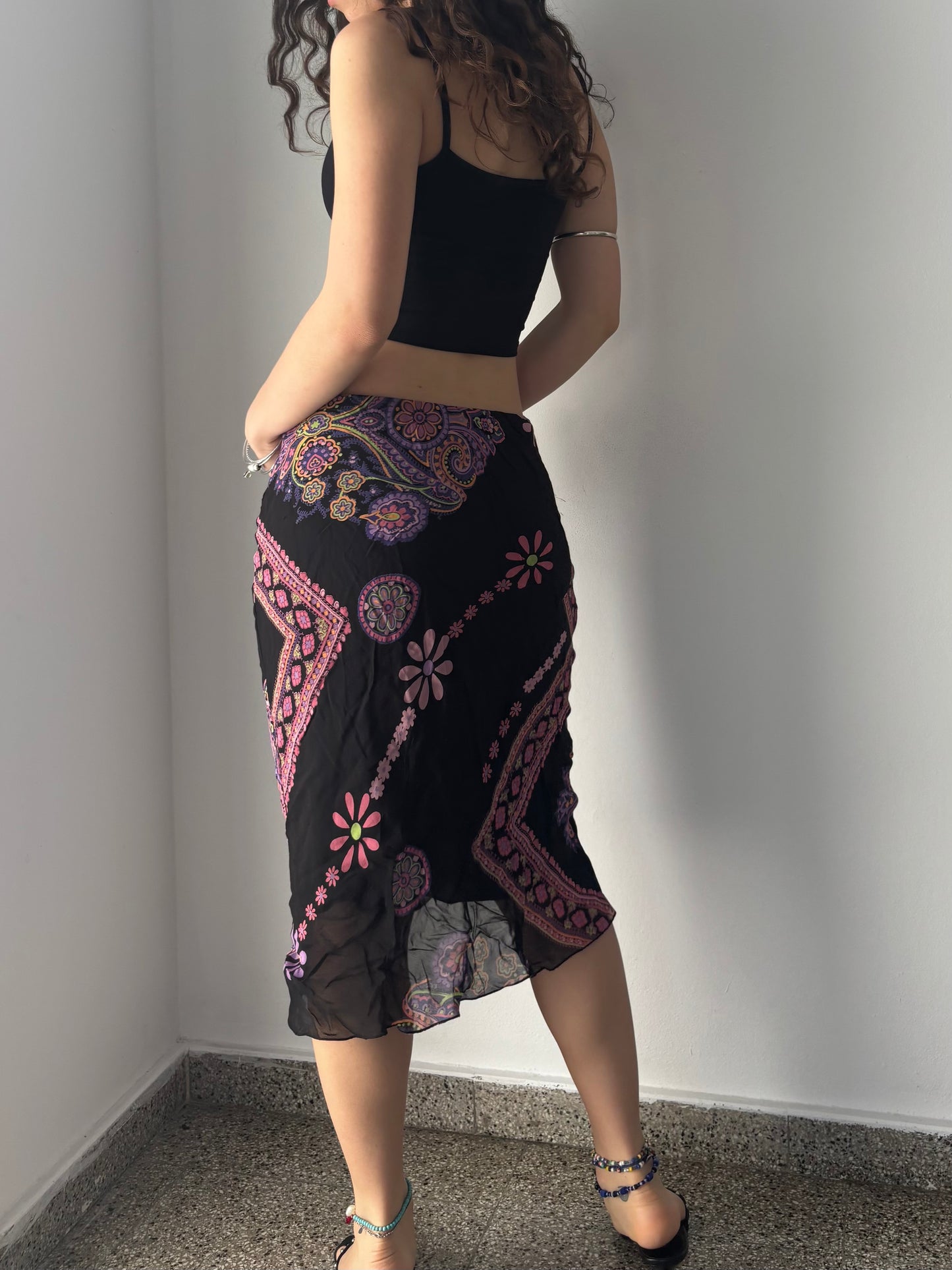 Black mesh midi skirt with pink floral print