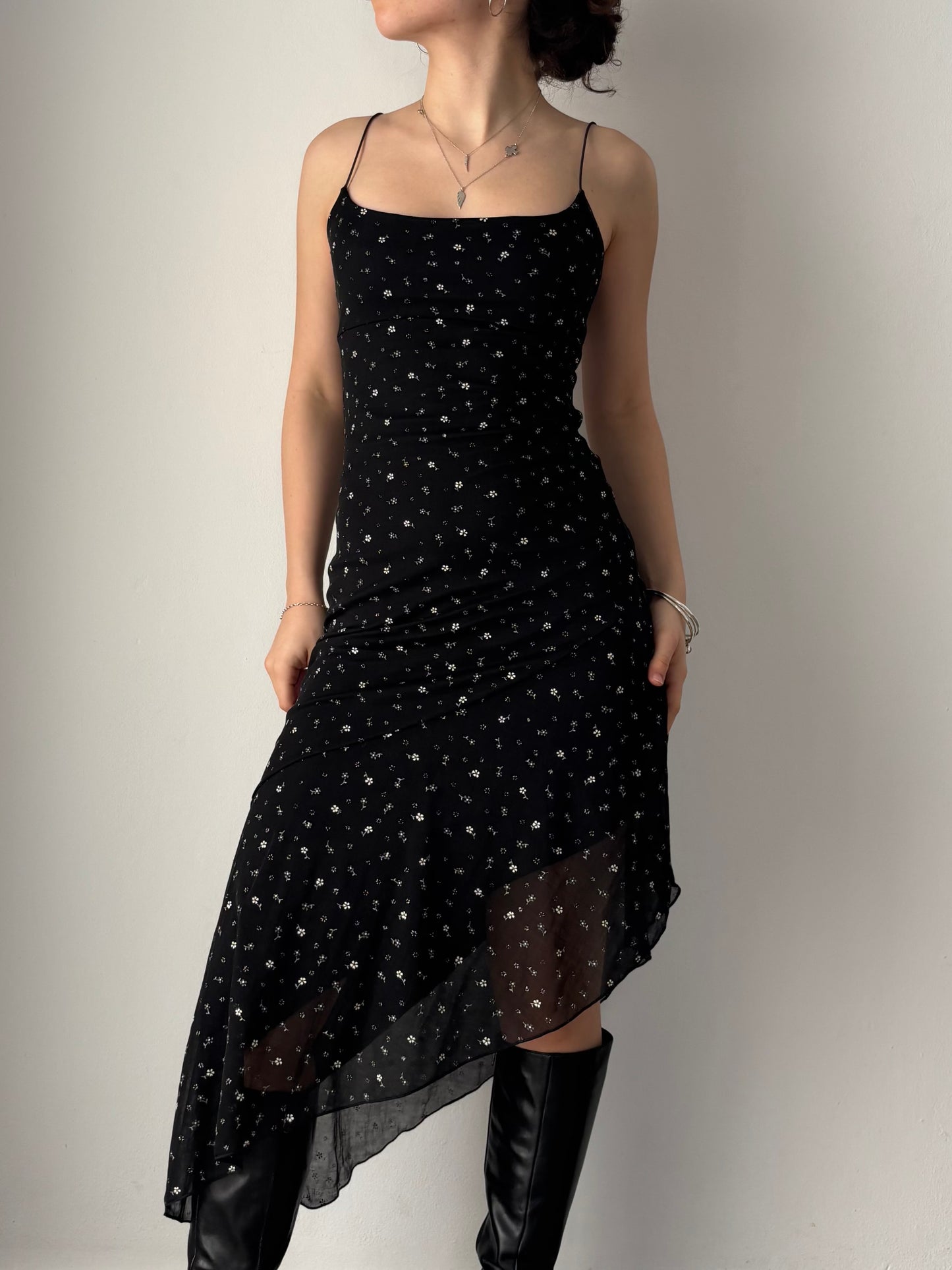 Black asymmetrical floral dress
