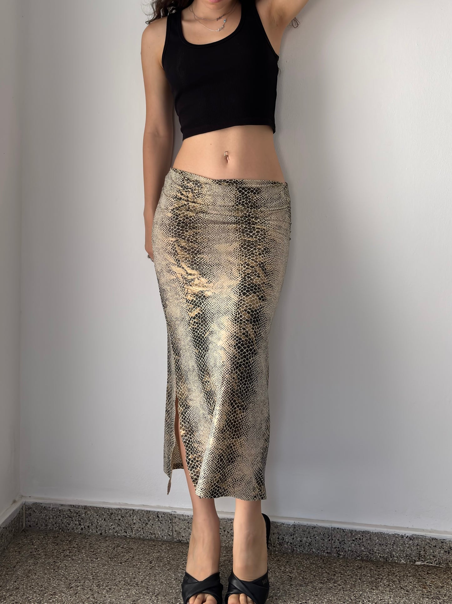 Snake print maxi skirt with slit
