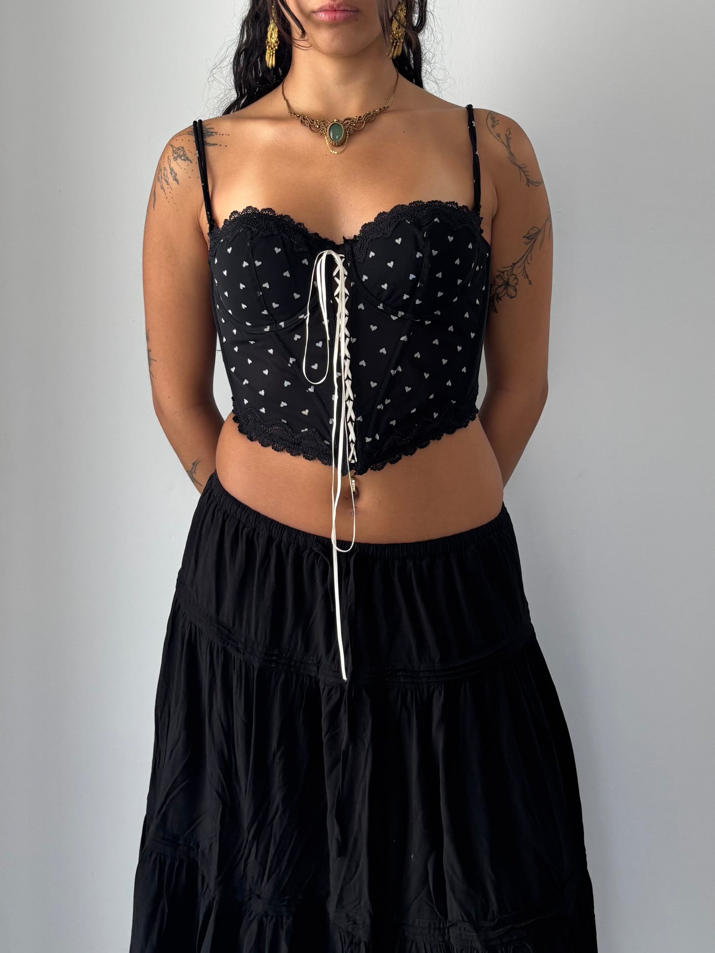 Black corset with white hearts and tie detail