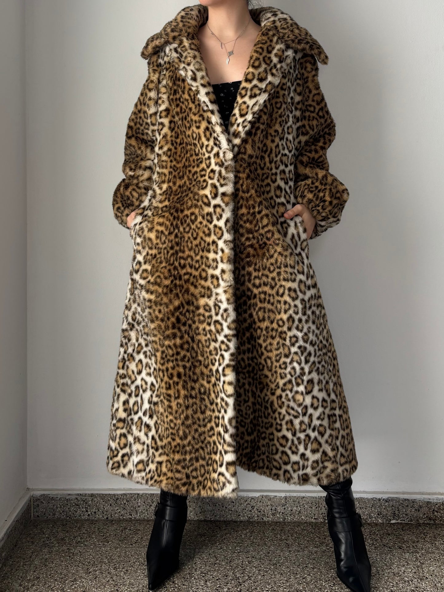 Leopard print faux fur coat