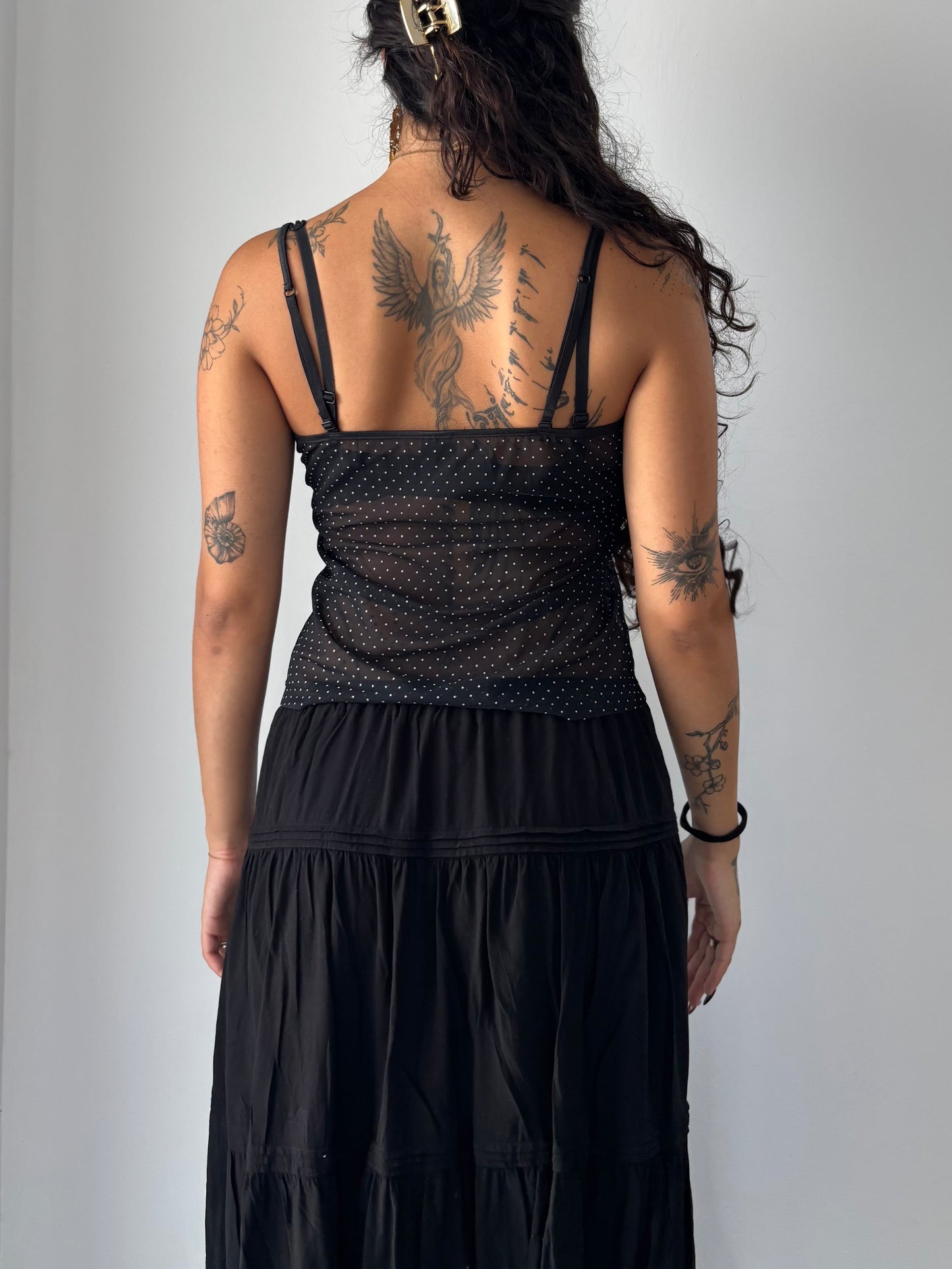 Black polka dot mesh top