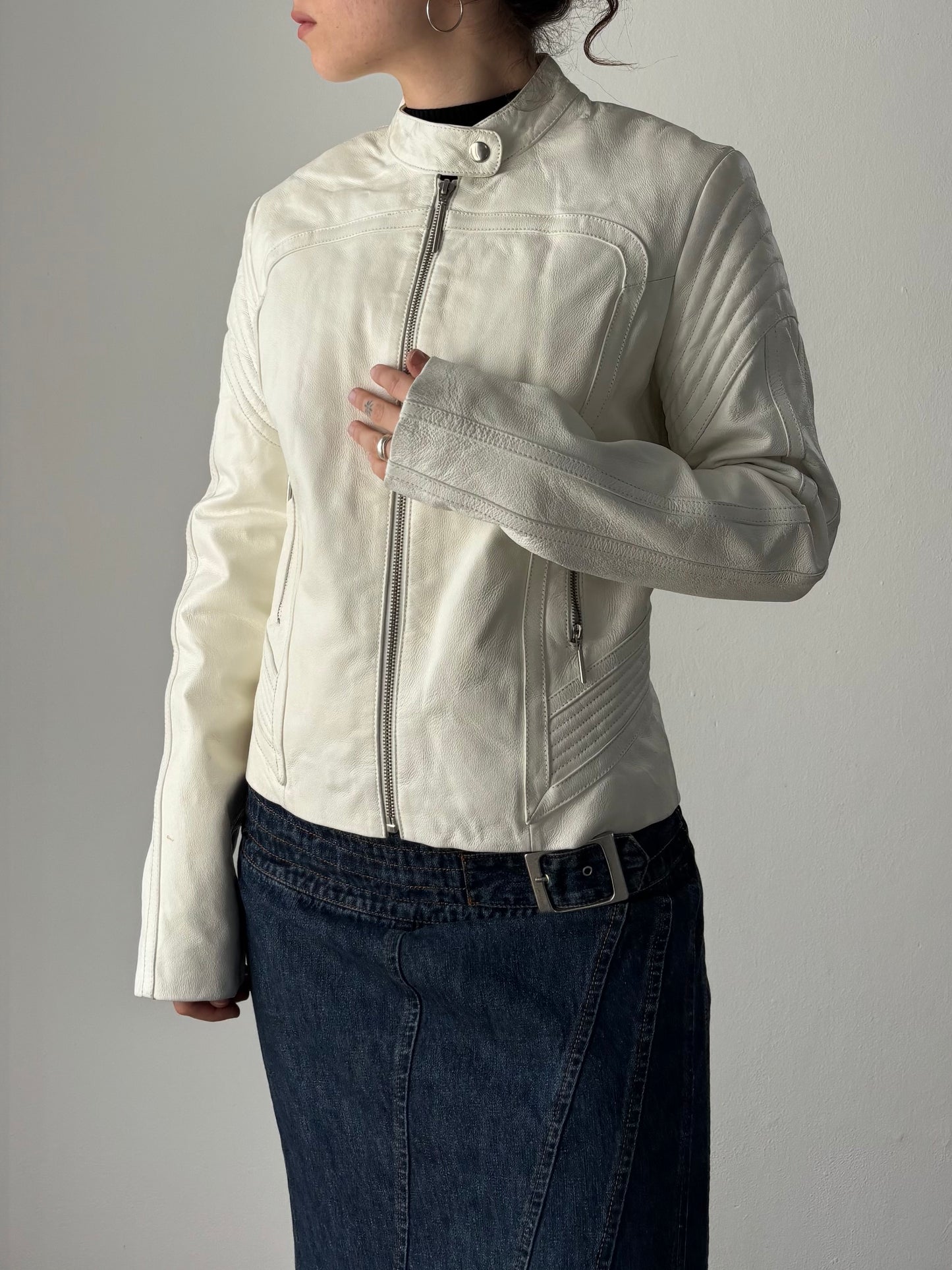 BSB white leather biker jacket