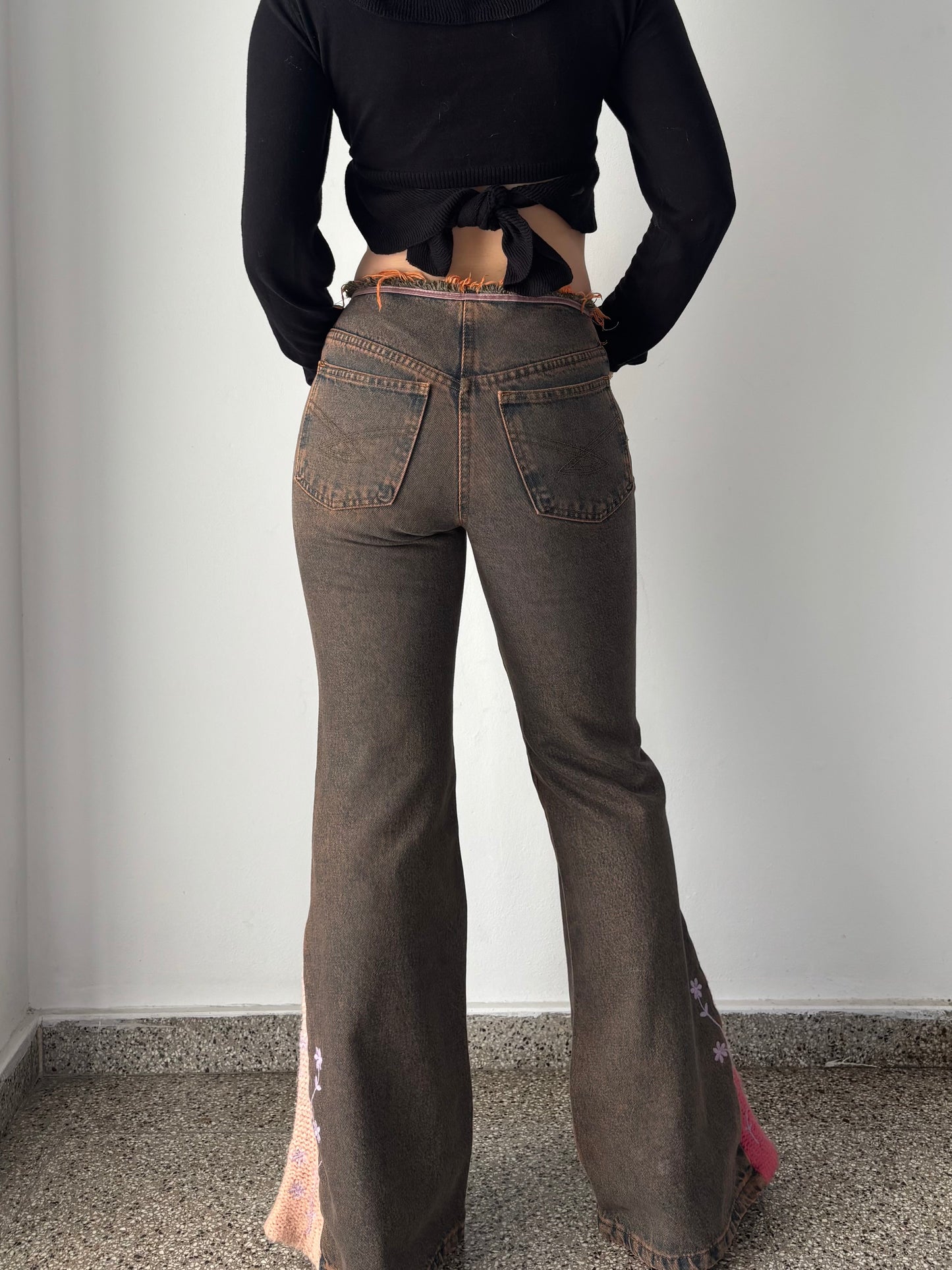 Crochet bell bottom jeans with flower embroidery