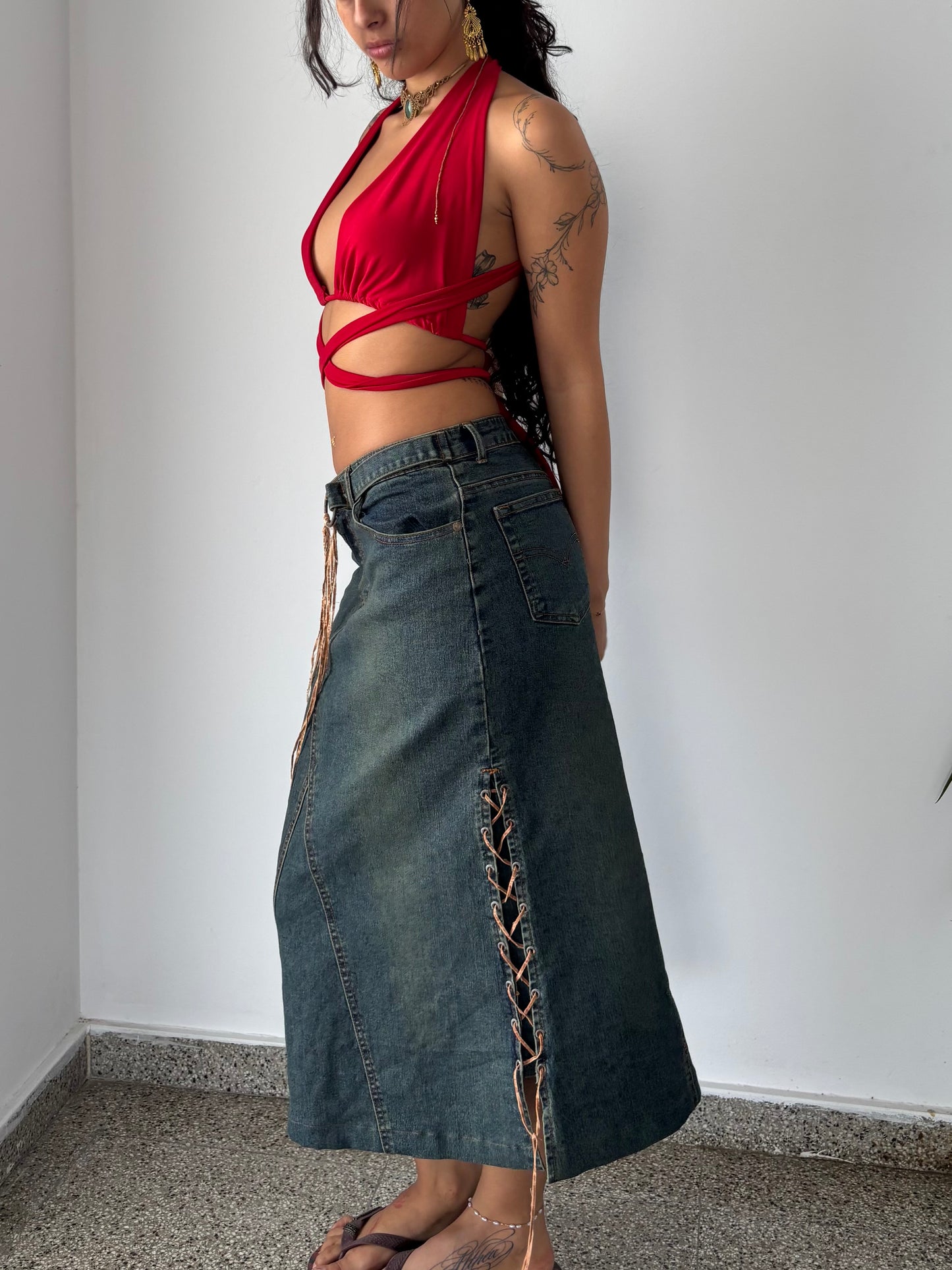 Y2K maxi denim skirt with tie details