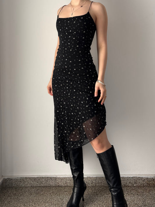 Black asymmetrical floral dress