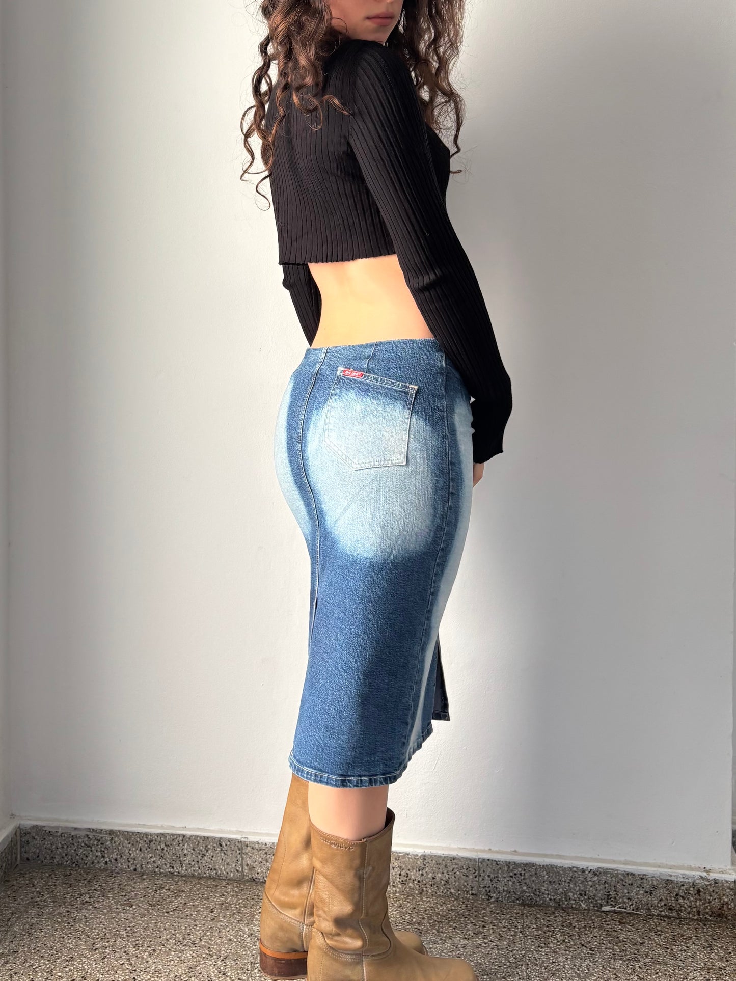 Y2K denim midi skirt with tie