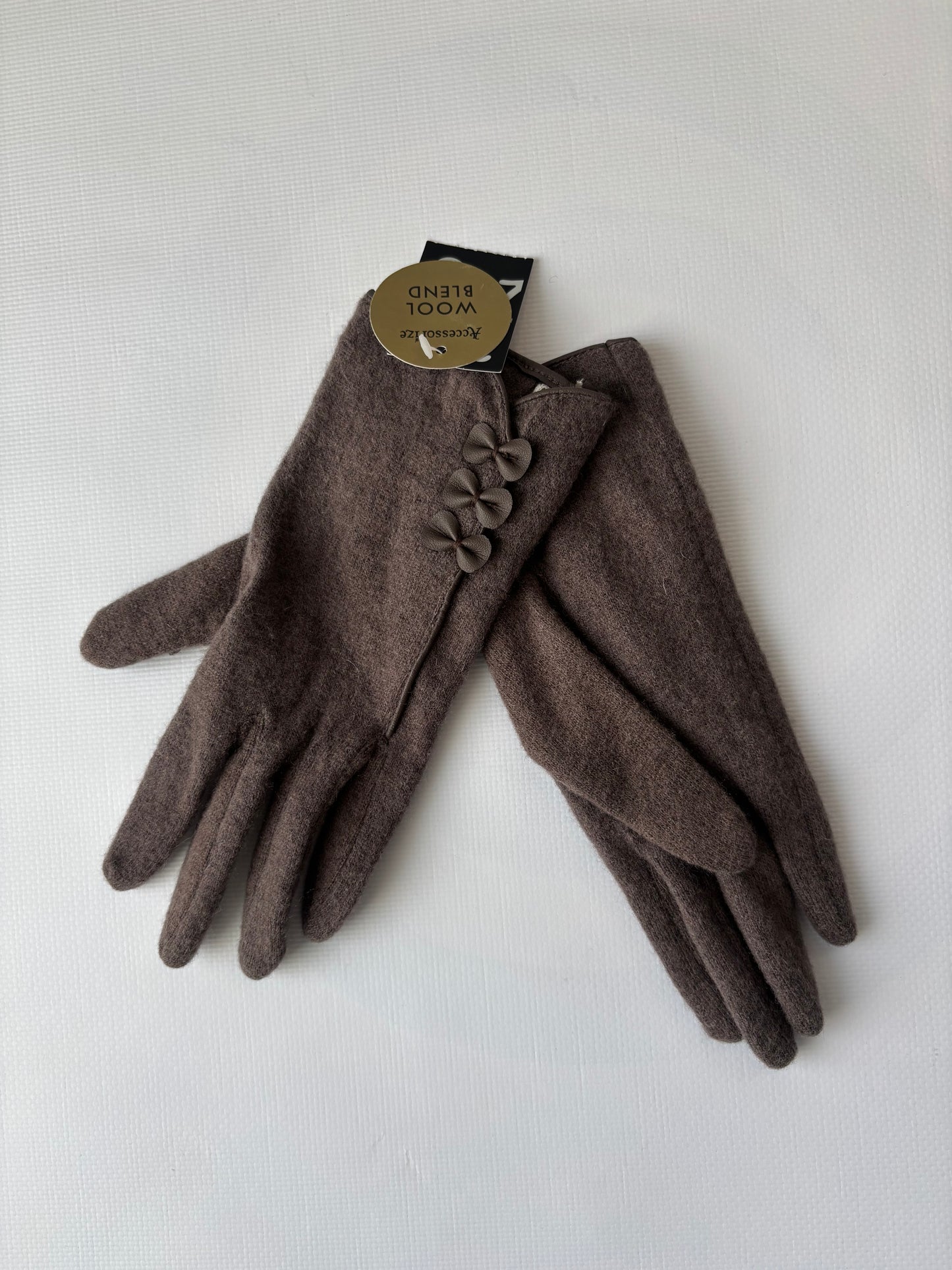 Wool blend brown gloves with bows