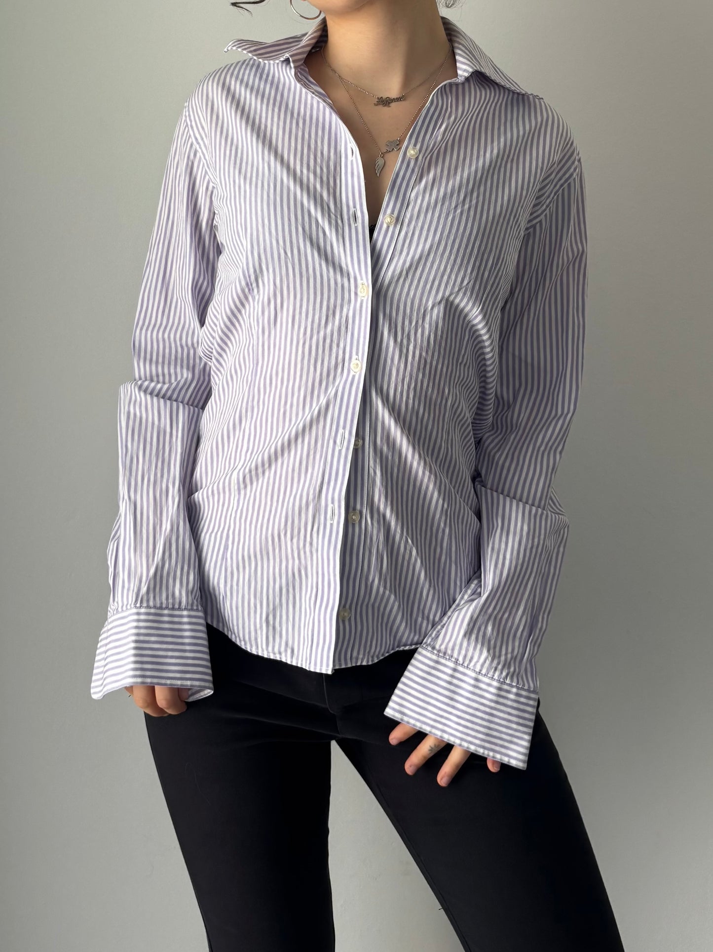 White & Purple striped button up shirt