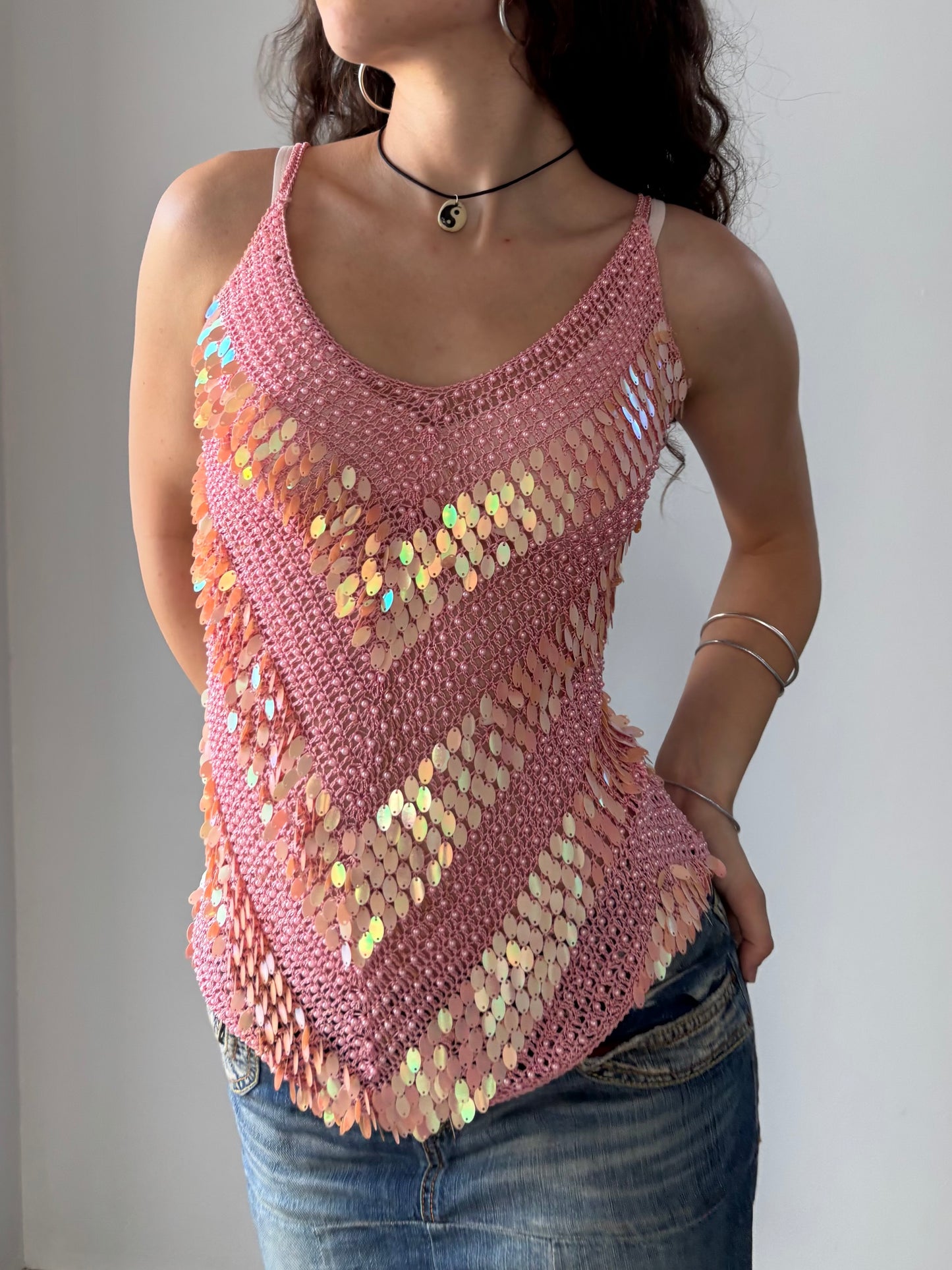 Y2K pink sequin top