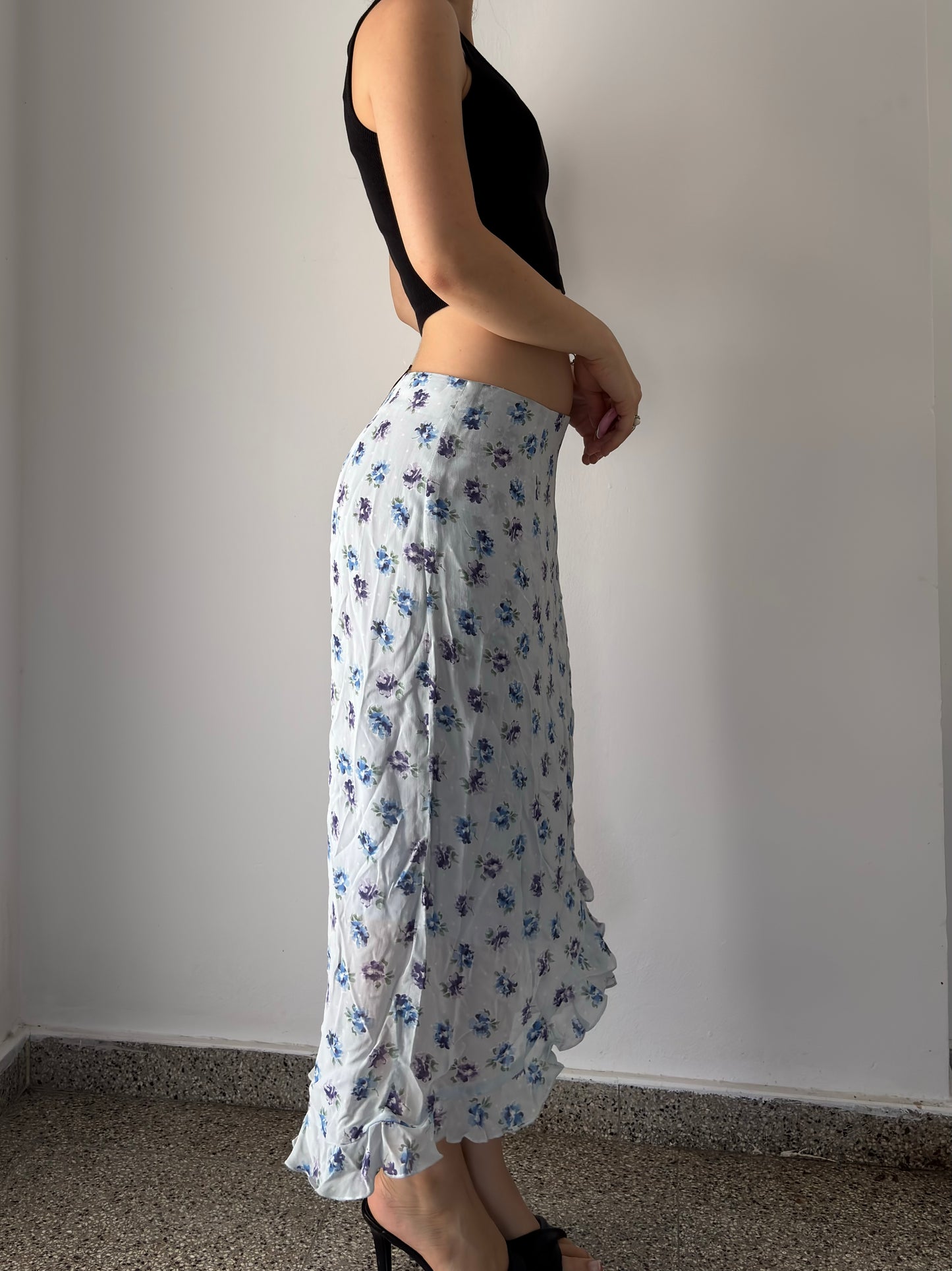 Baby blue floral maxi skirt with ruffles