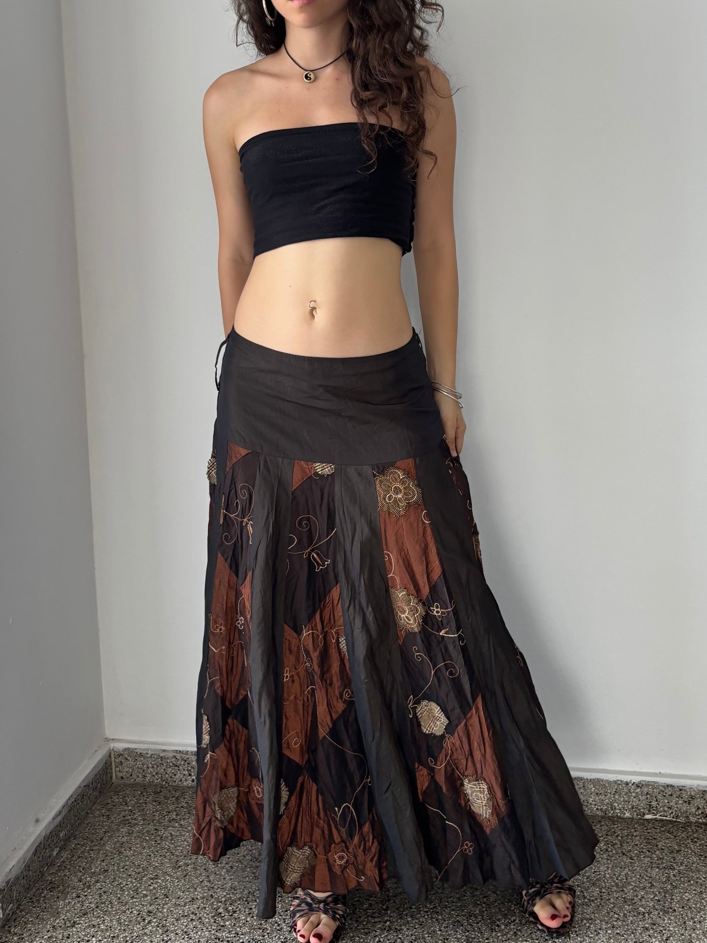 Brown maxi skirt with patchwork details