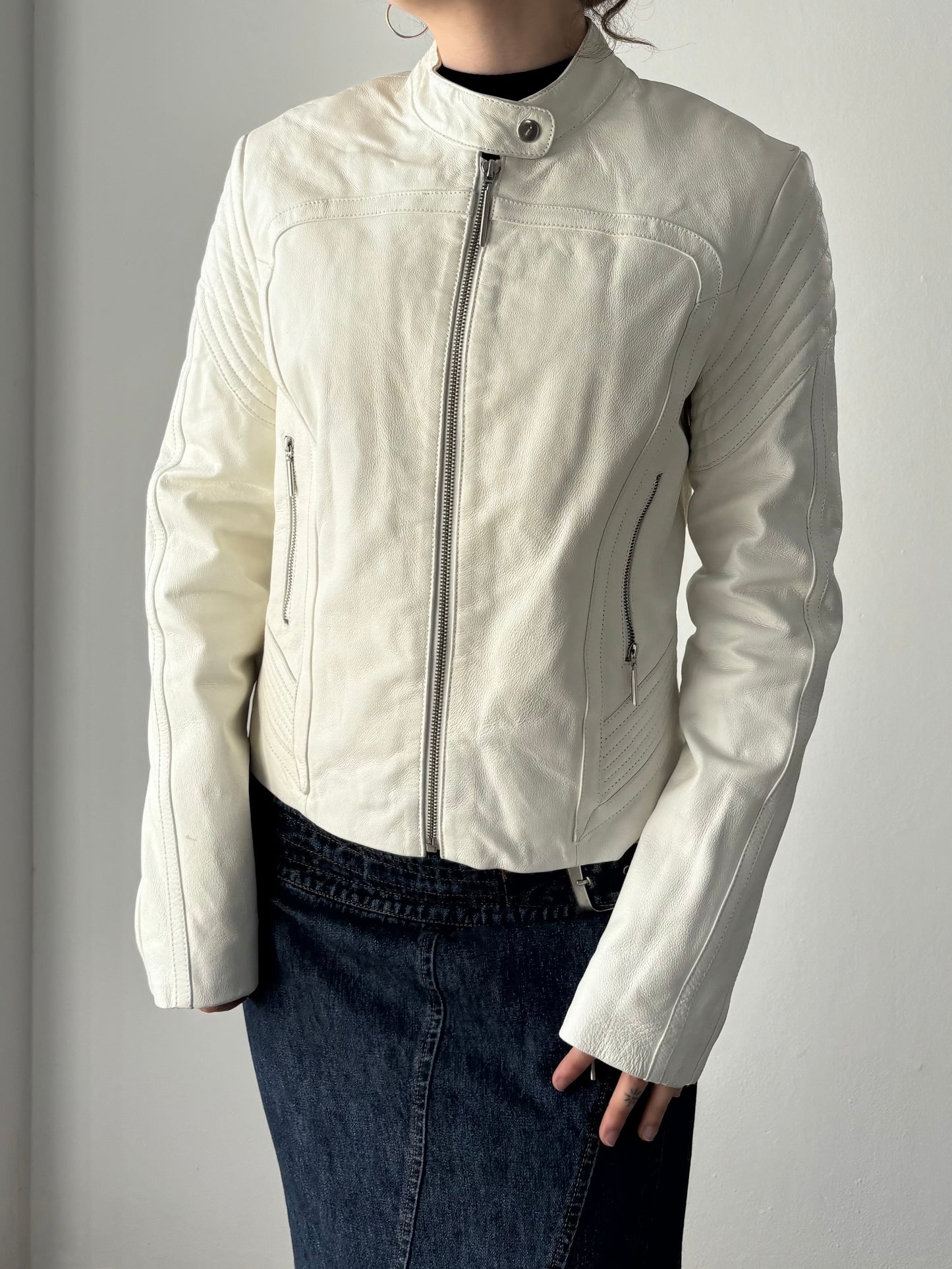 BSB white leather biker jacket
