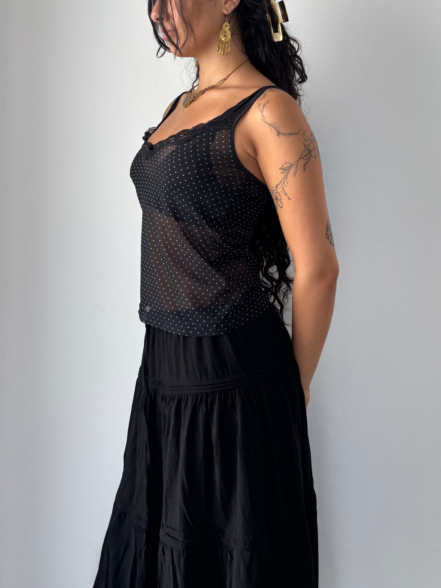 Black polka dot mesh top