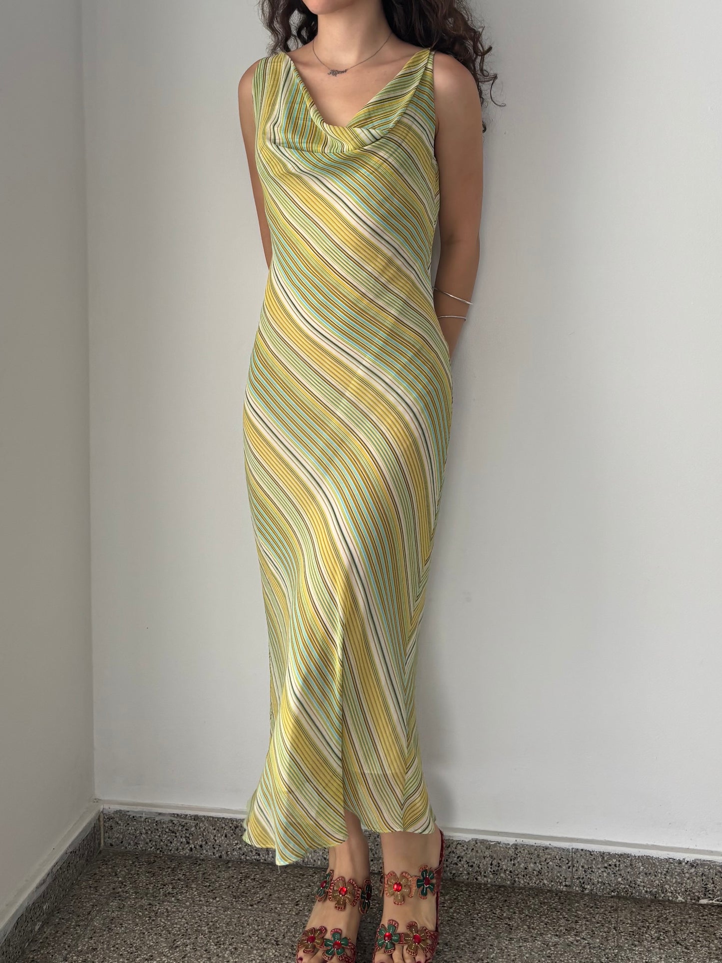 Green & yellow striped maxi dress