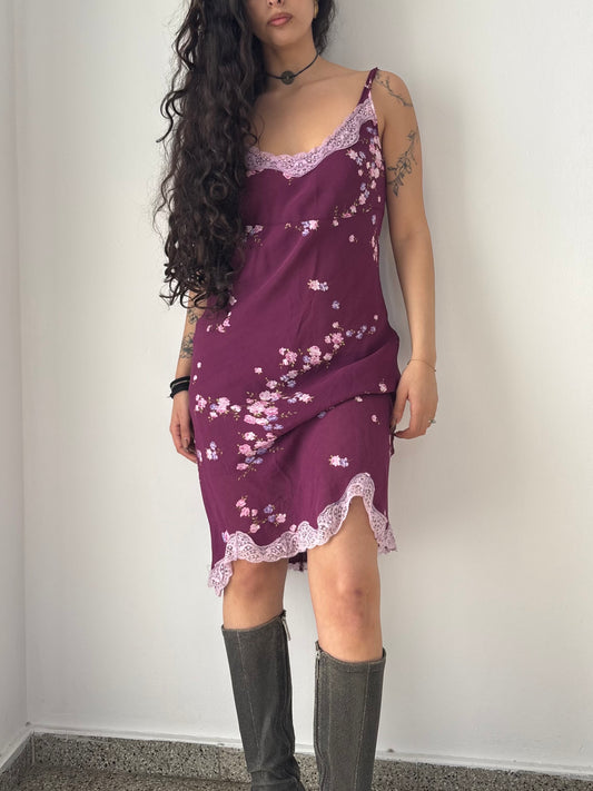Purple floral dress with lace trims
