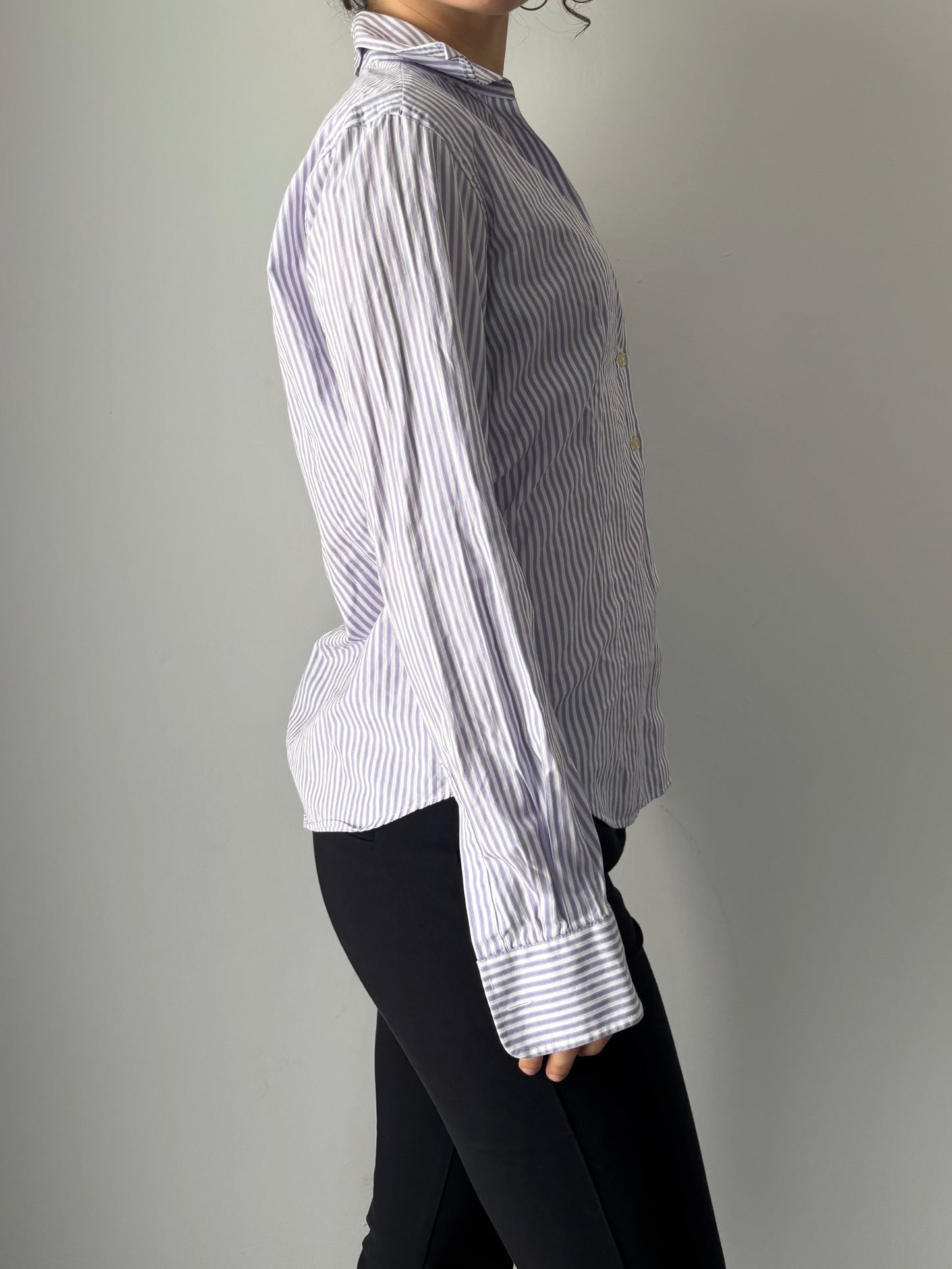 White & Purple striped button up shirt