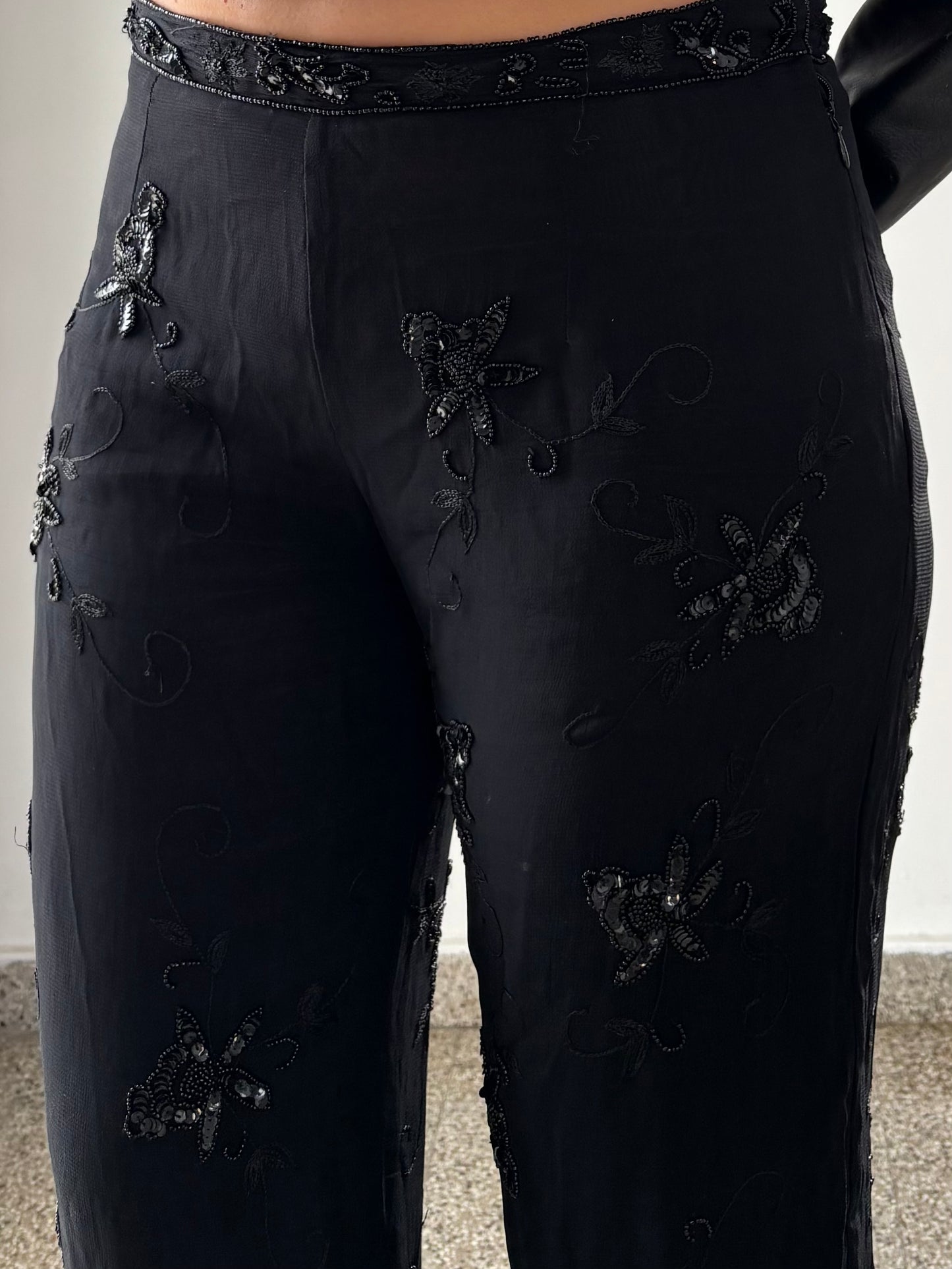 Black wide leg pants with embroidery