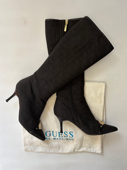 Guess heeled boots with gold buckle