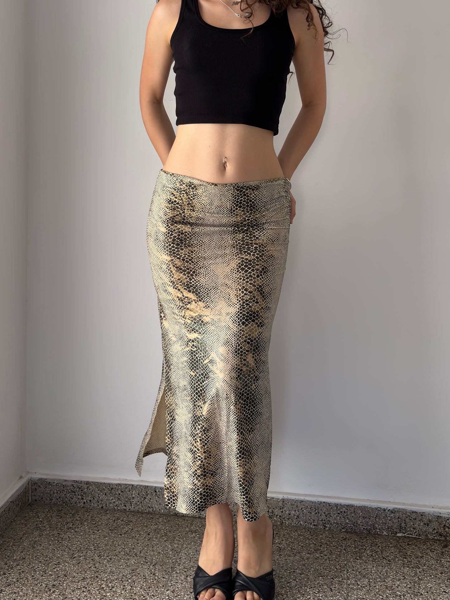 Snake print maxi skirt with slit