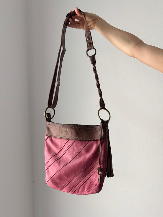 Real leather pink & brown crossbody bag