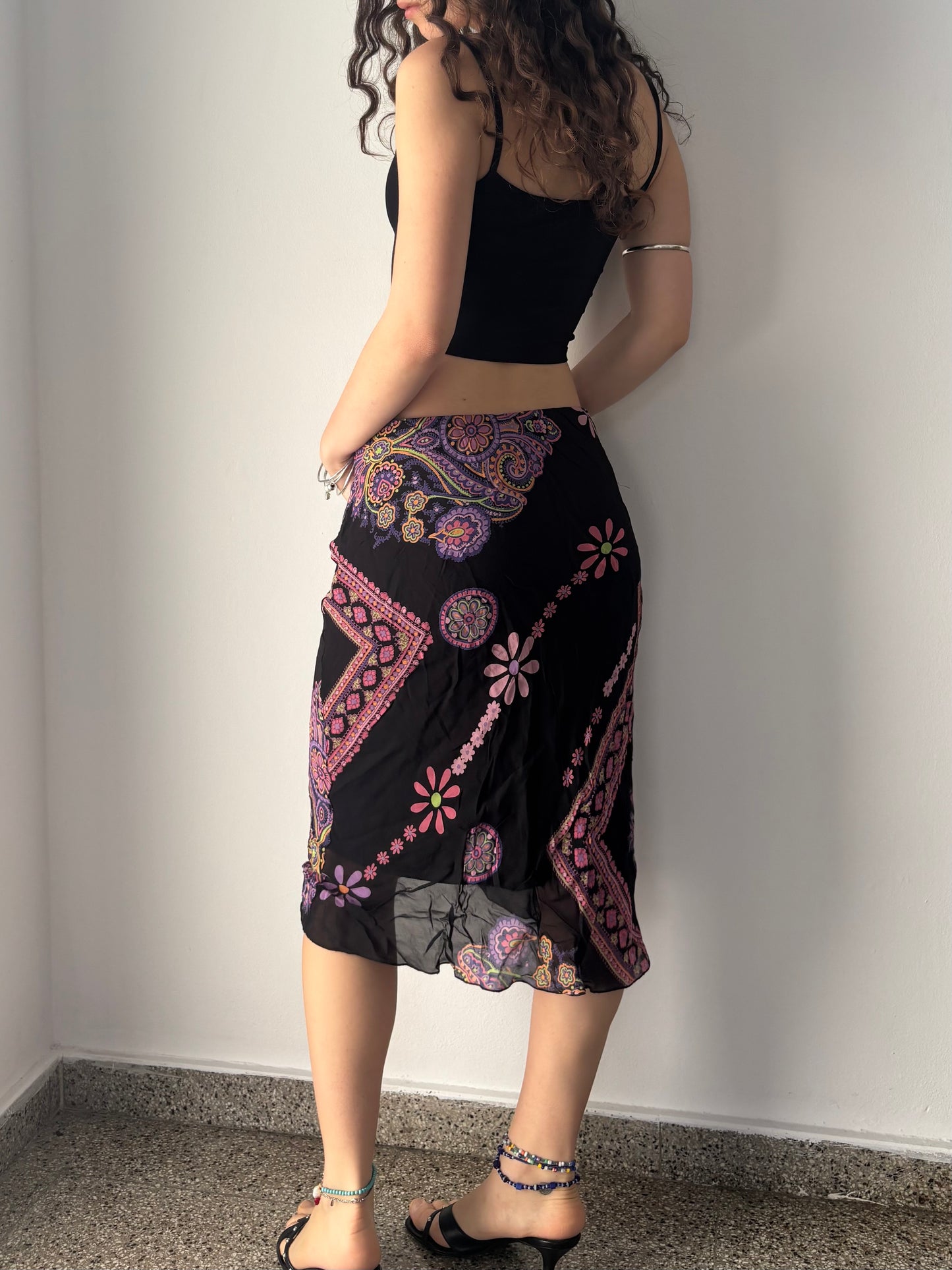 Black mesh midi skirt with pink floral print