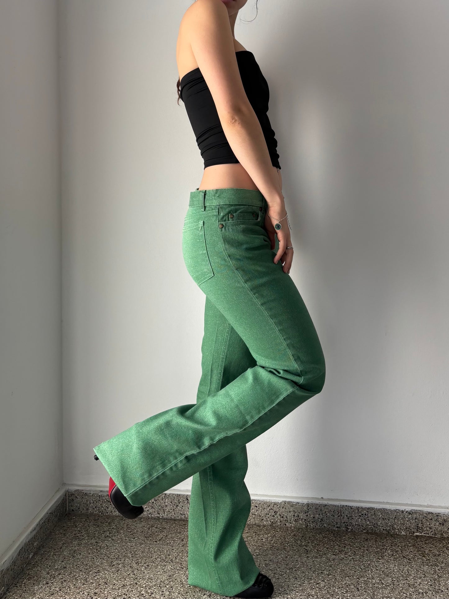 Roberto Cavalli green & sparkle flare jeans