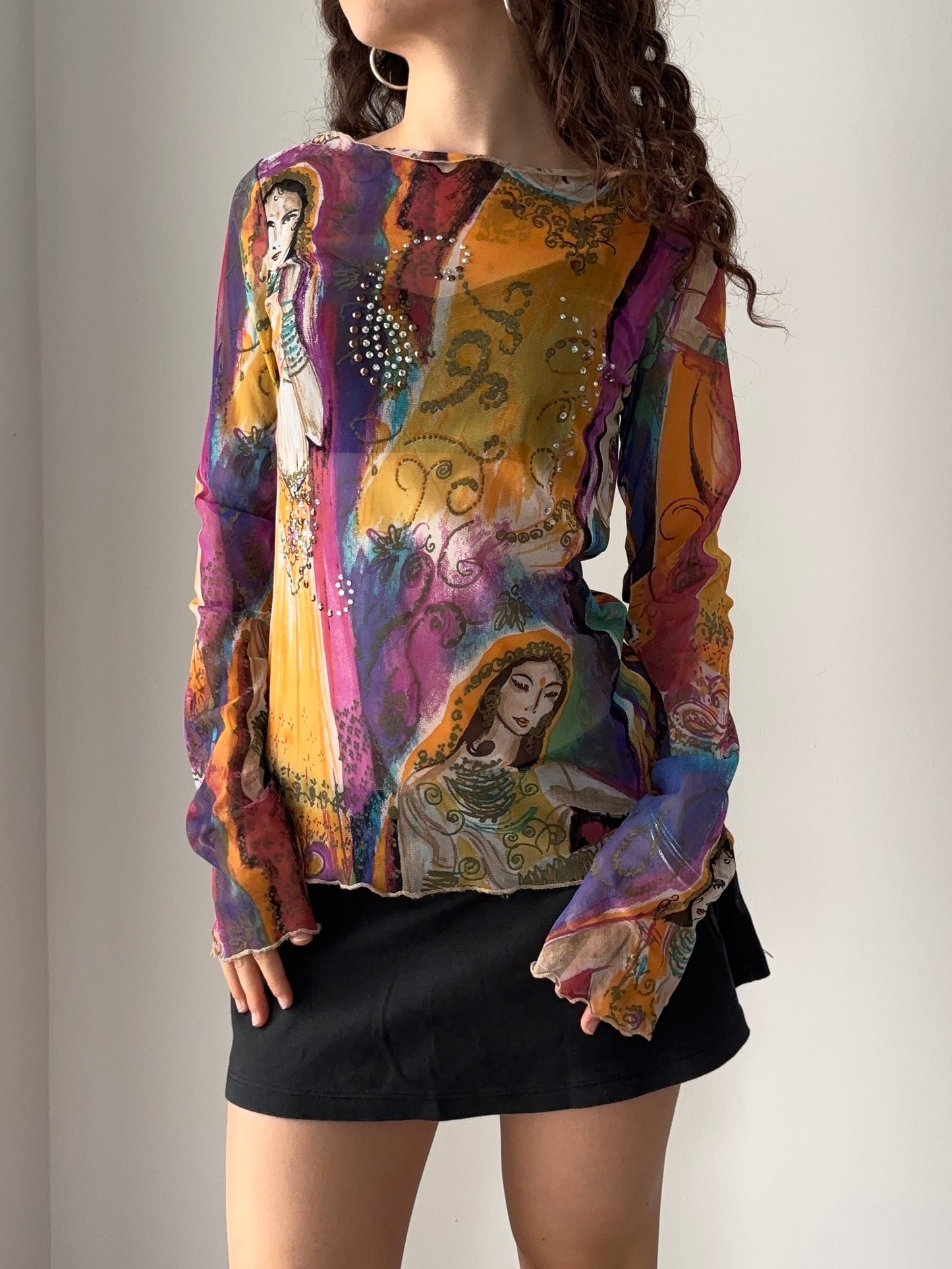 Indian print mesh top