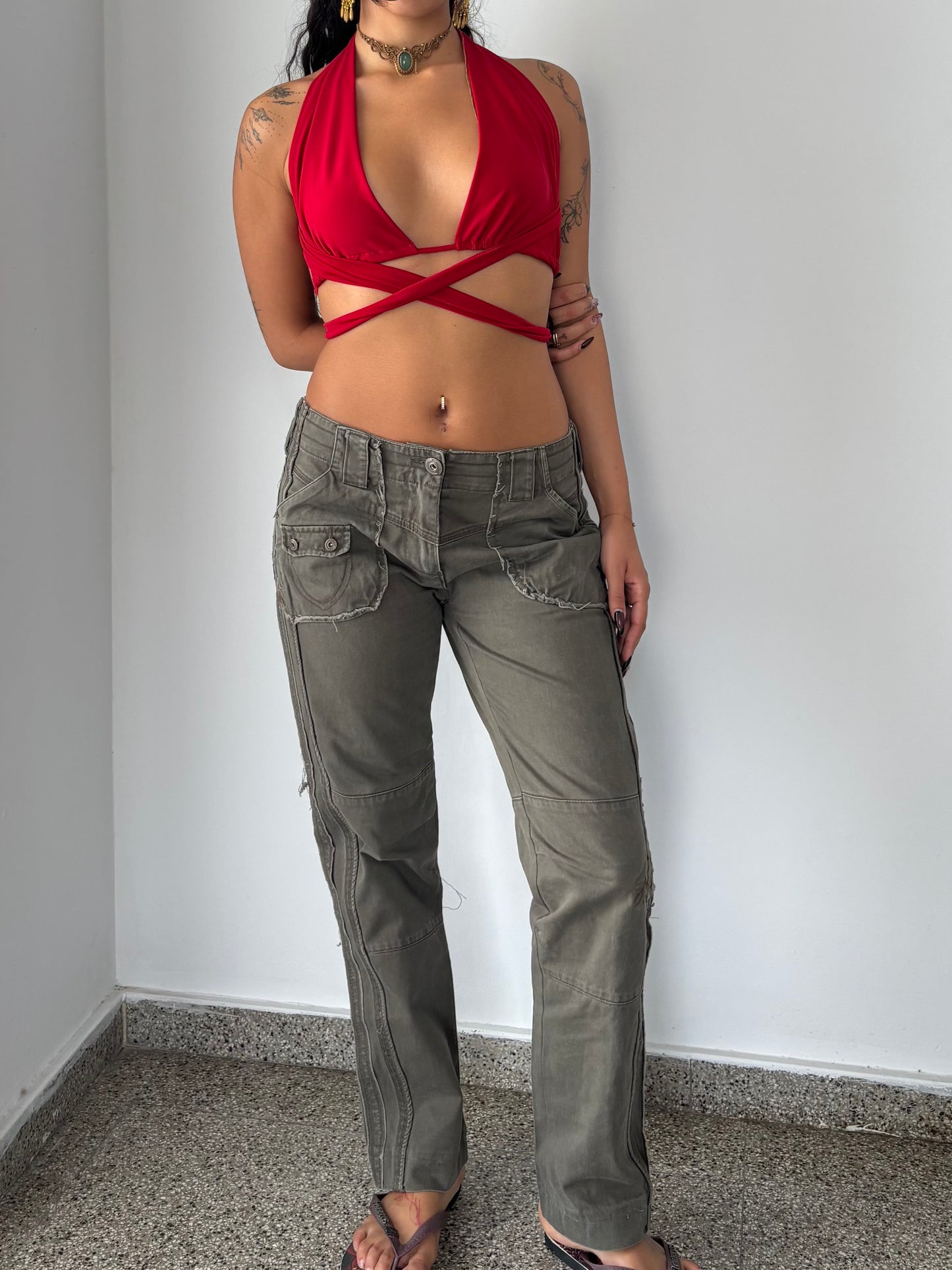 Low rise embroidered cargo pants