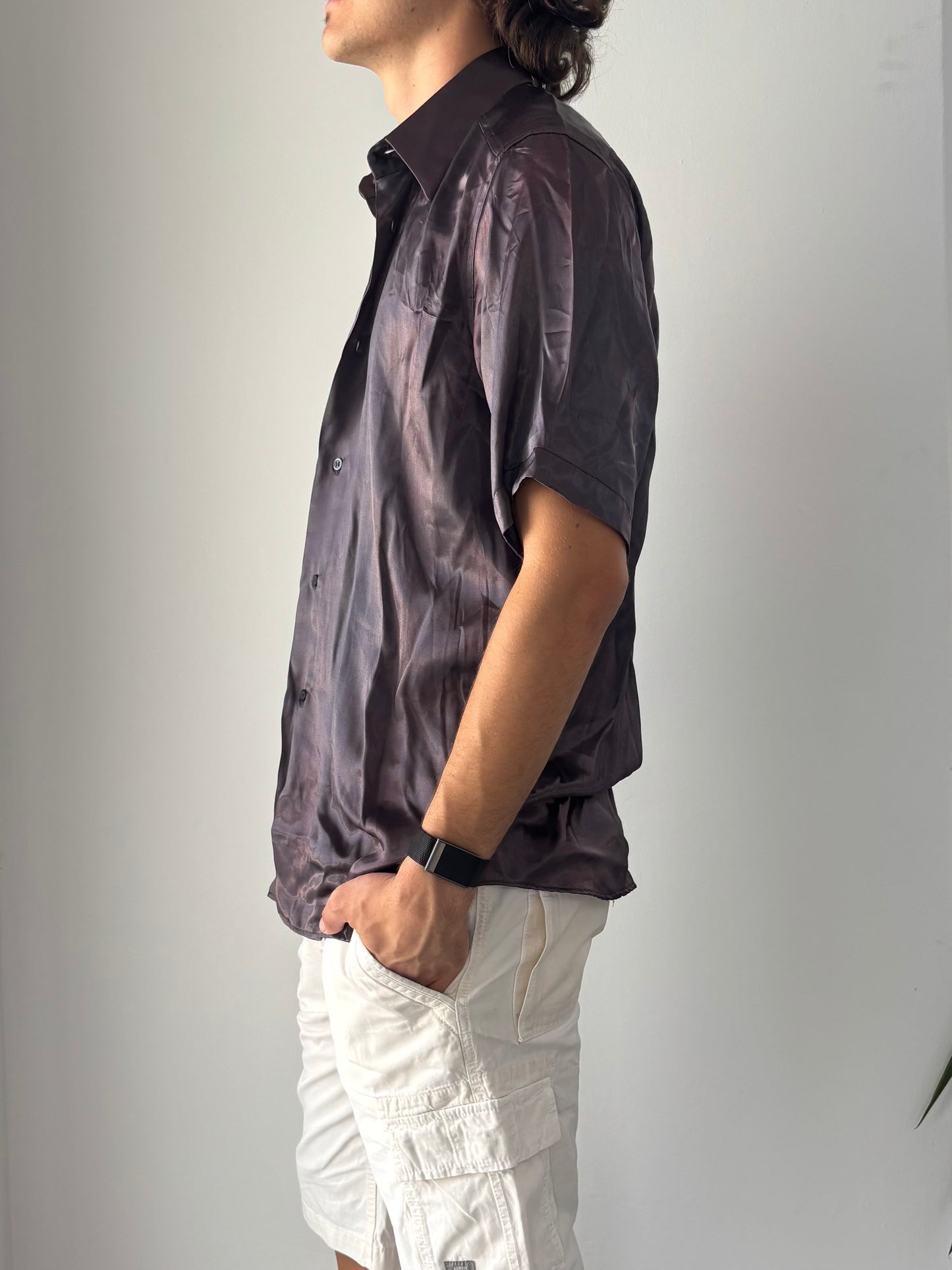 Purple satin button up shirt