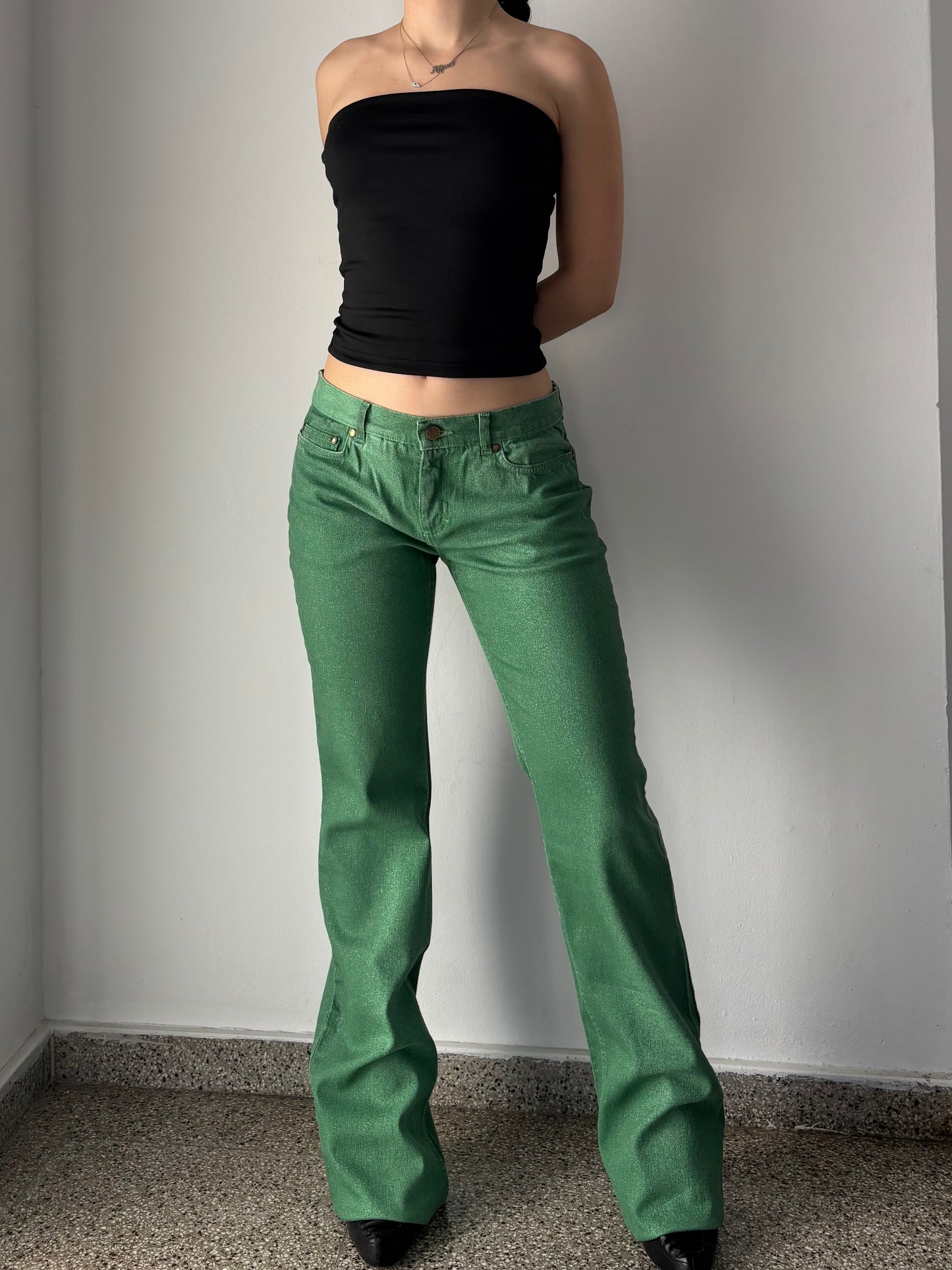 Roberto Cavalli green & sparkle flare jeans