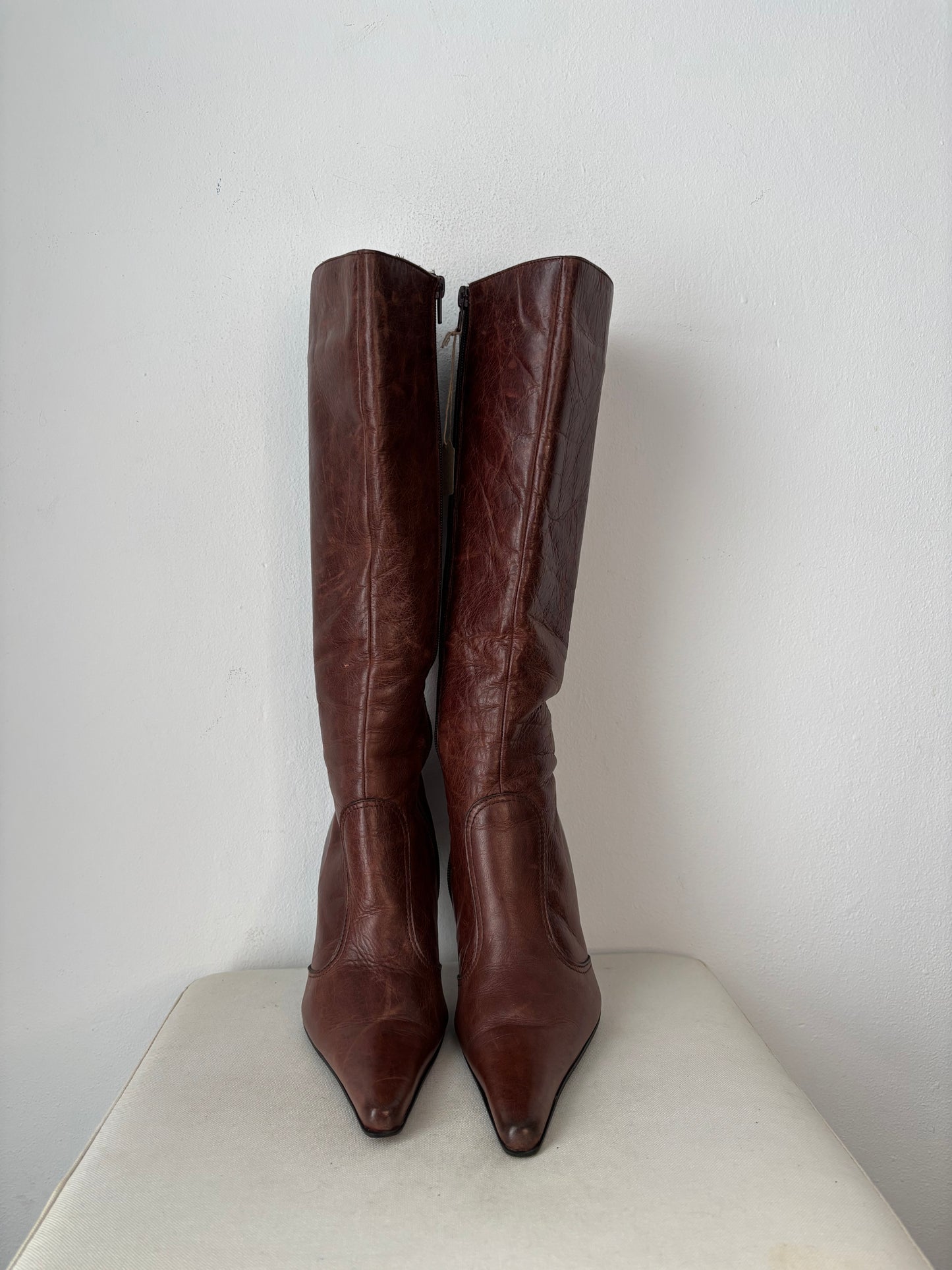 Brown leather heeled boots