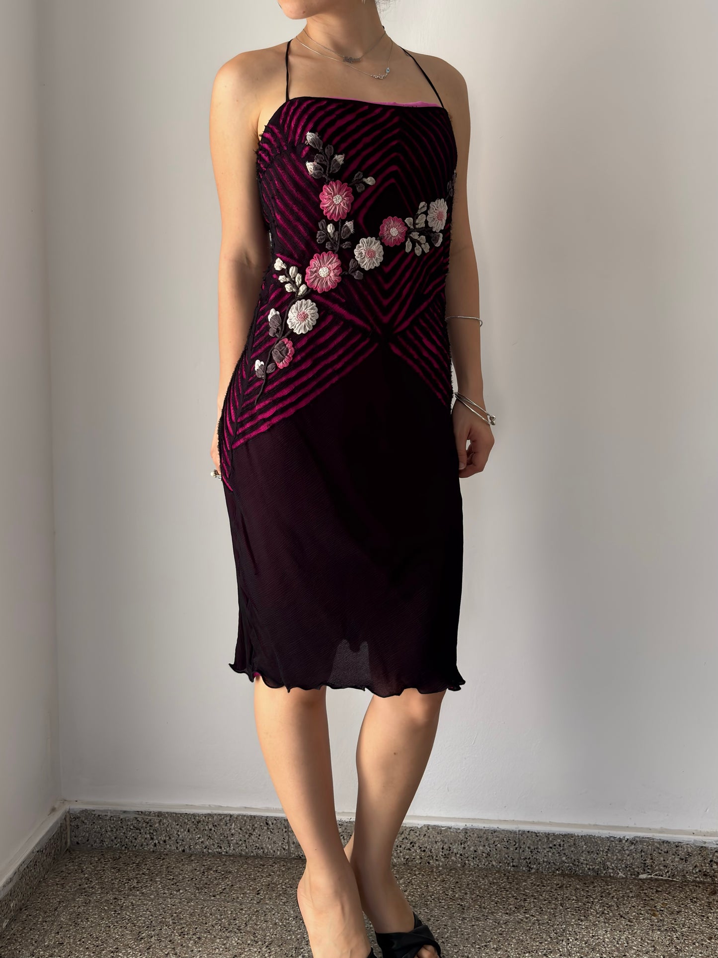 Black & pink mid dress with flowers