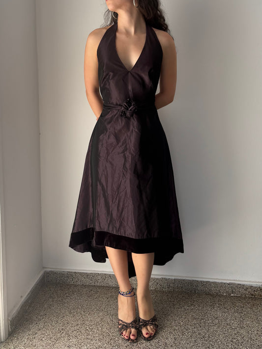 Purple 90s prom dress with open back