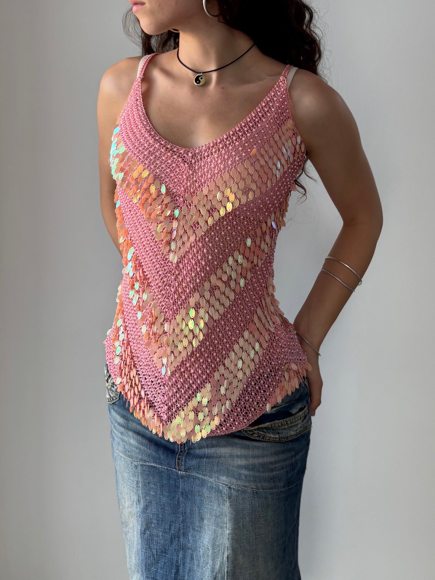 Y2K pink sequin top