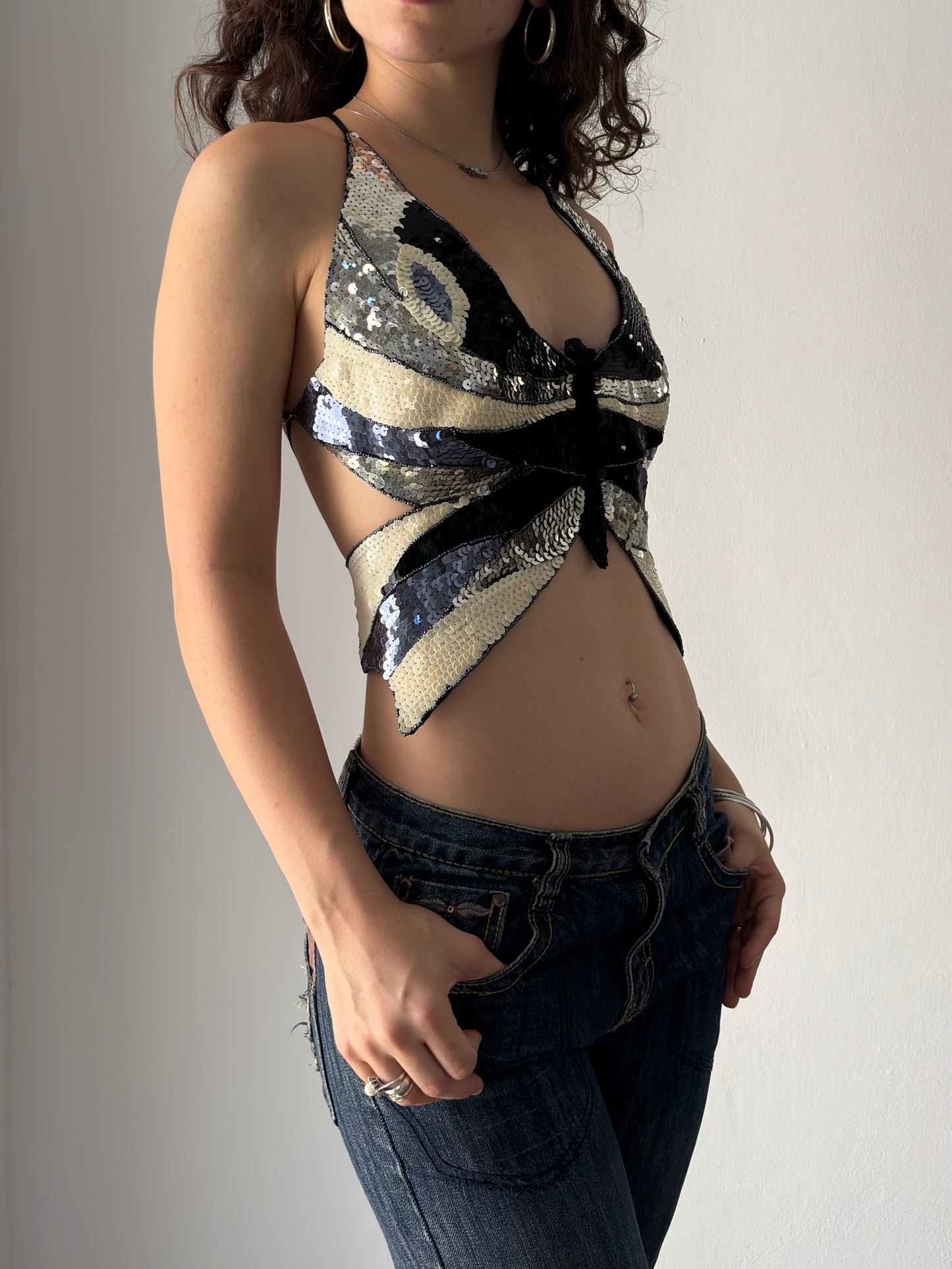 Y2K butterfly sequin top