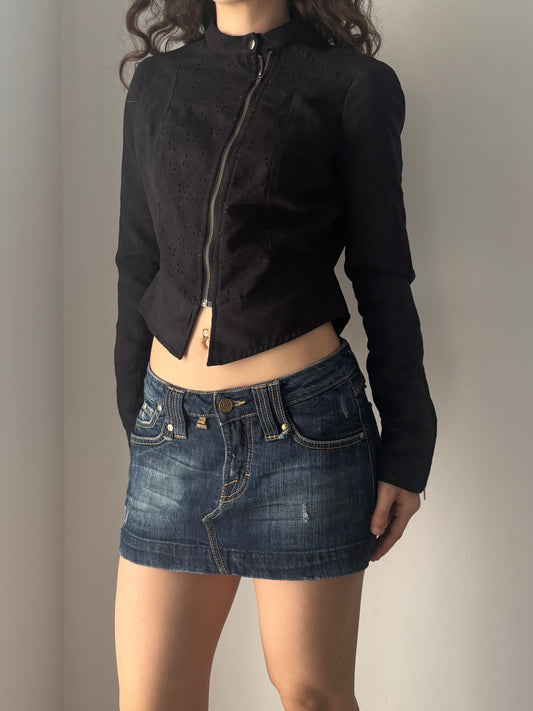 Black suede jacket with floral carvings