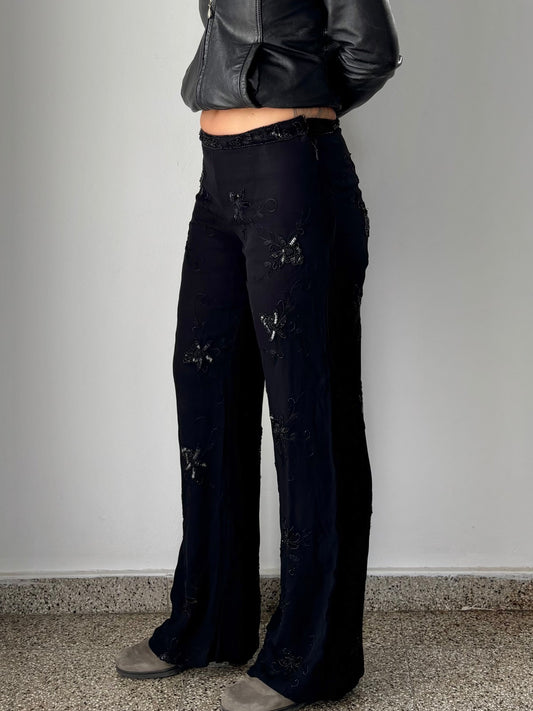 Black wide leg pants with embroidery