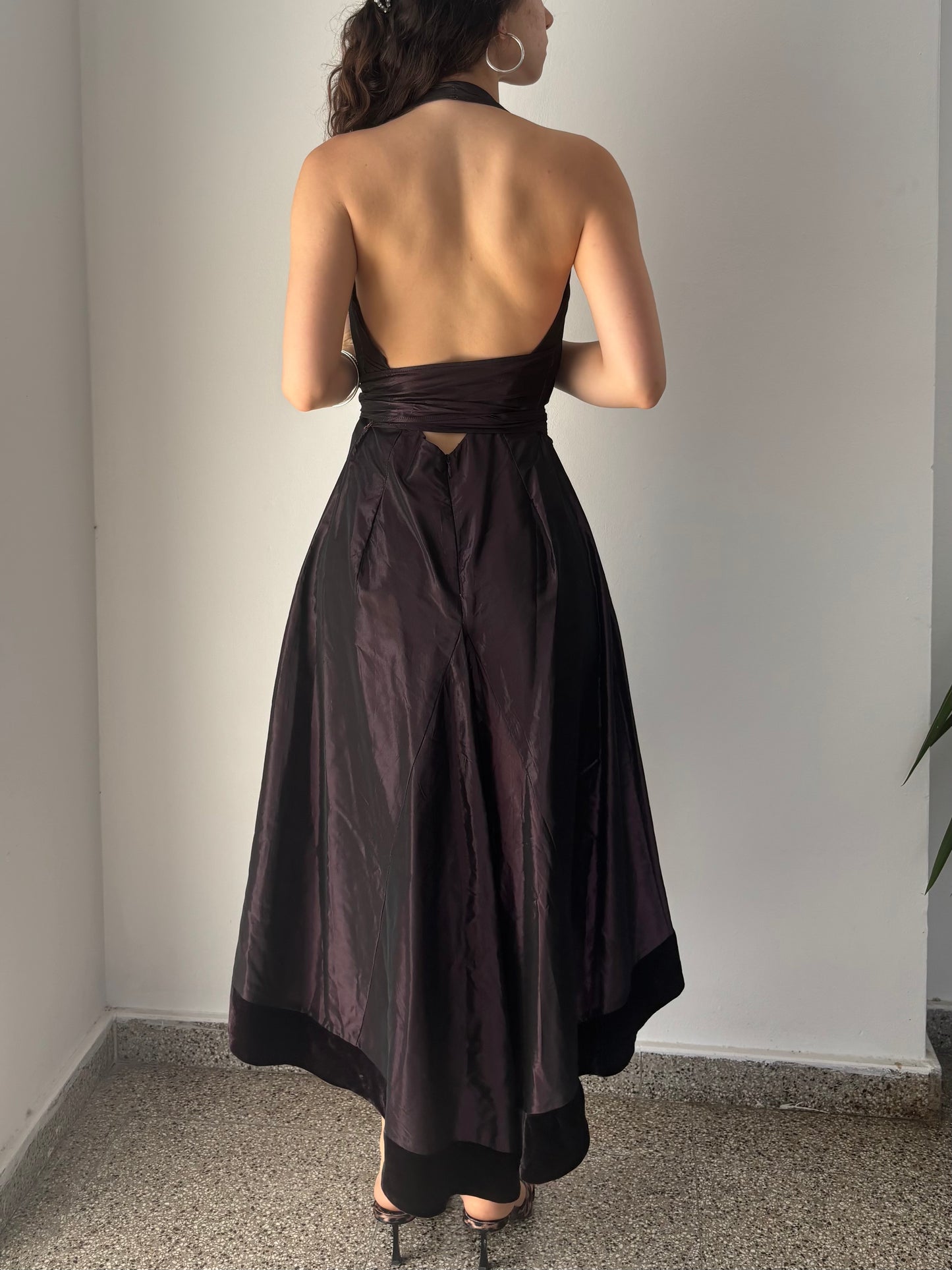 Purple 90s prom dress with open back