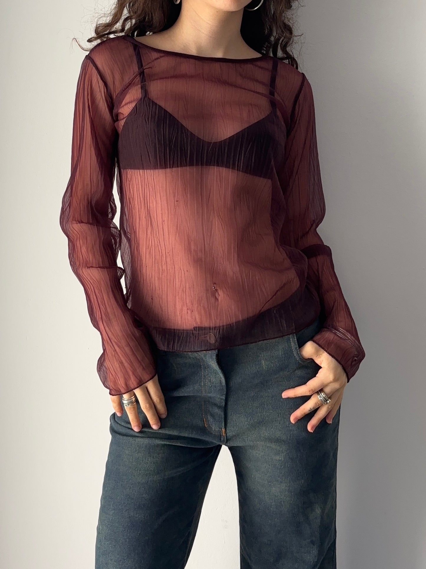 Burgundy mesh long sleeve top