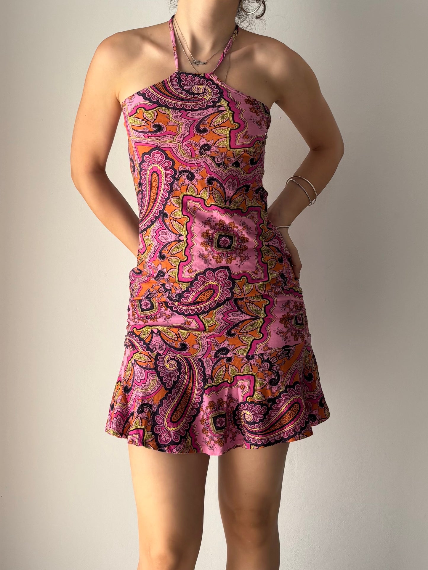 Multicolored paisley paint mini halter dress