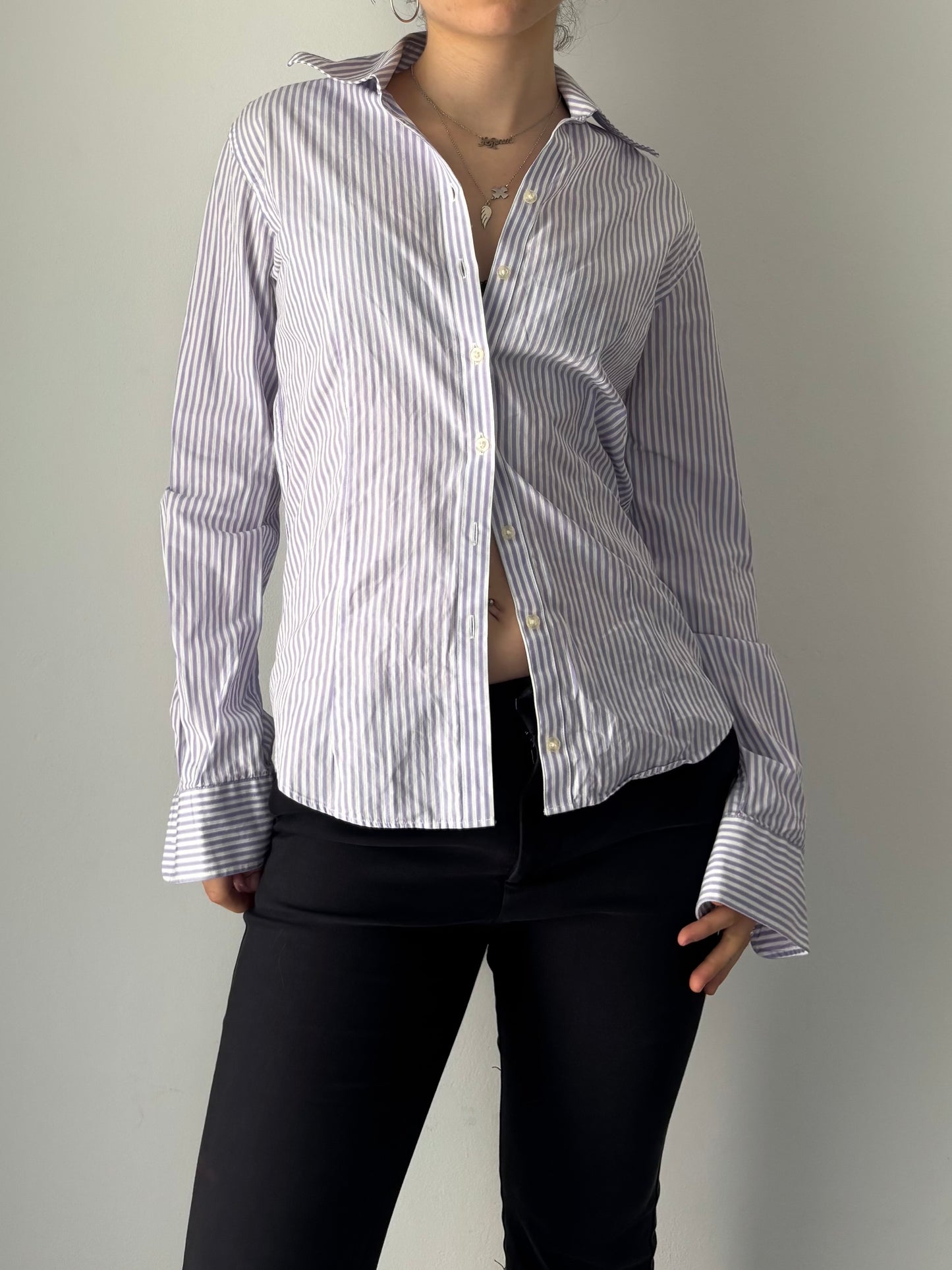 White & Purple striped button up shirt