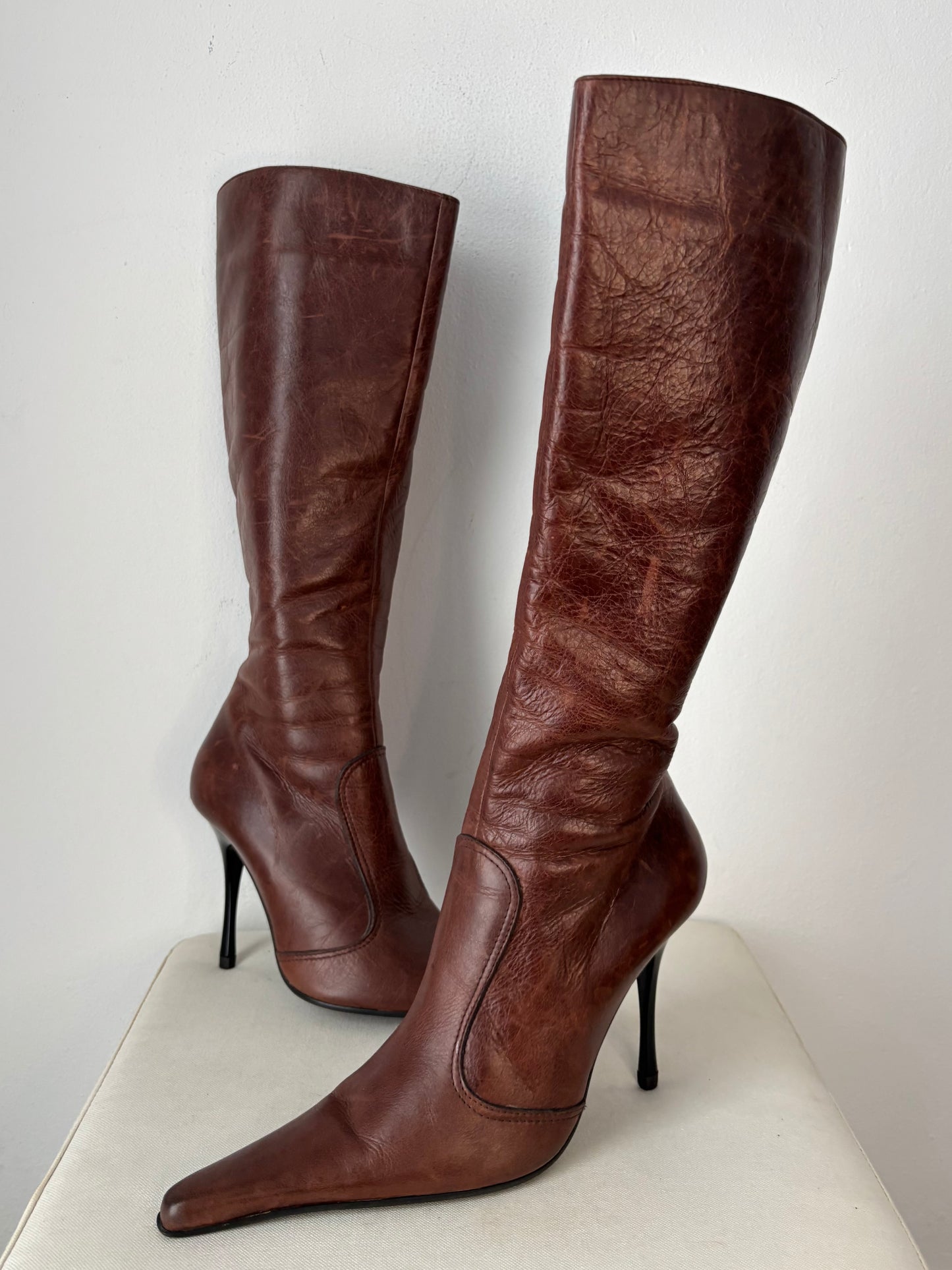Brown leather heeled boots